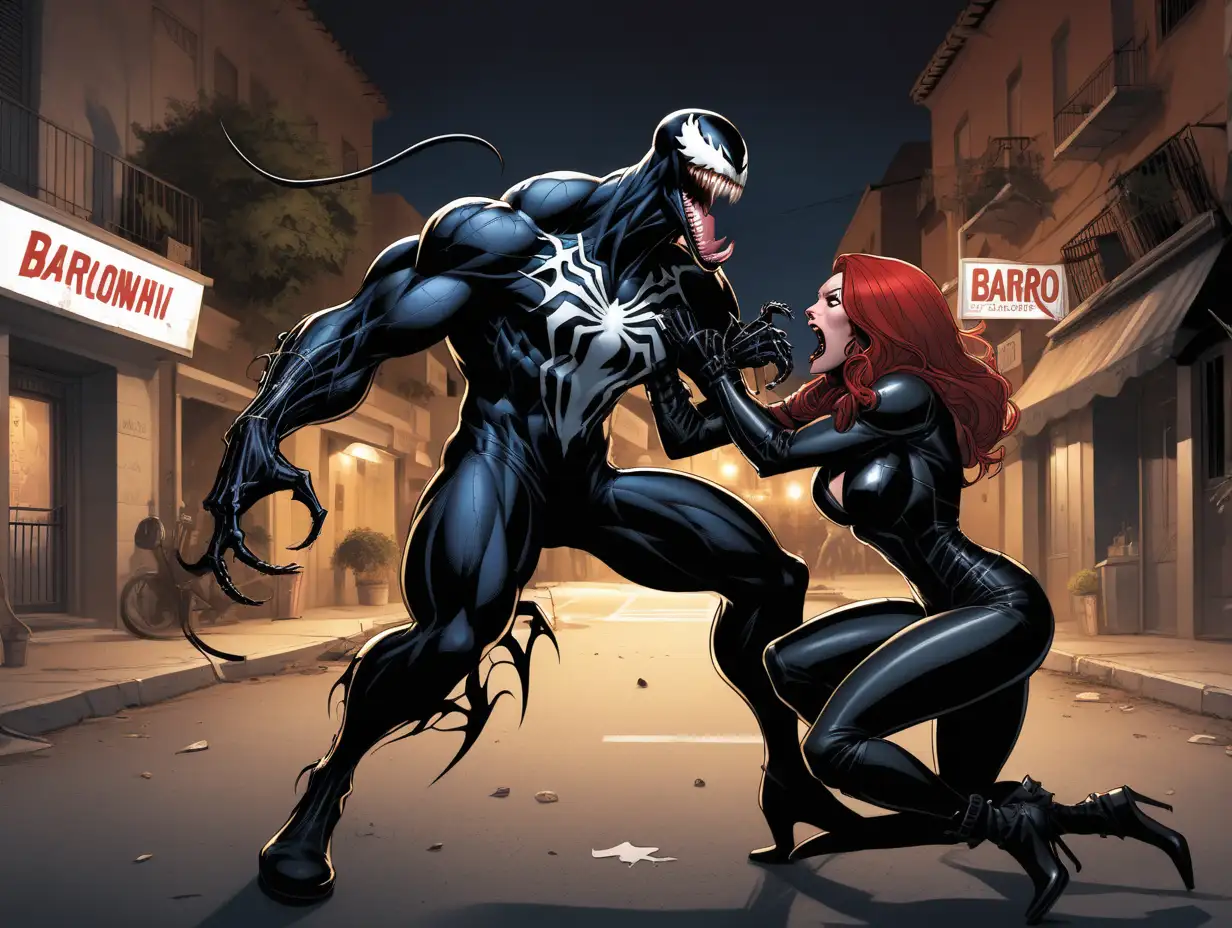 Venom
 fighting the Black Widow on street corner in a barro at night