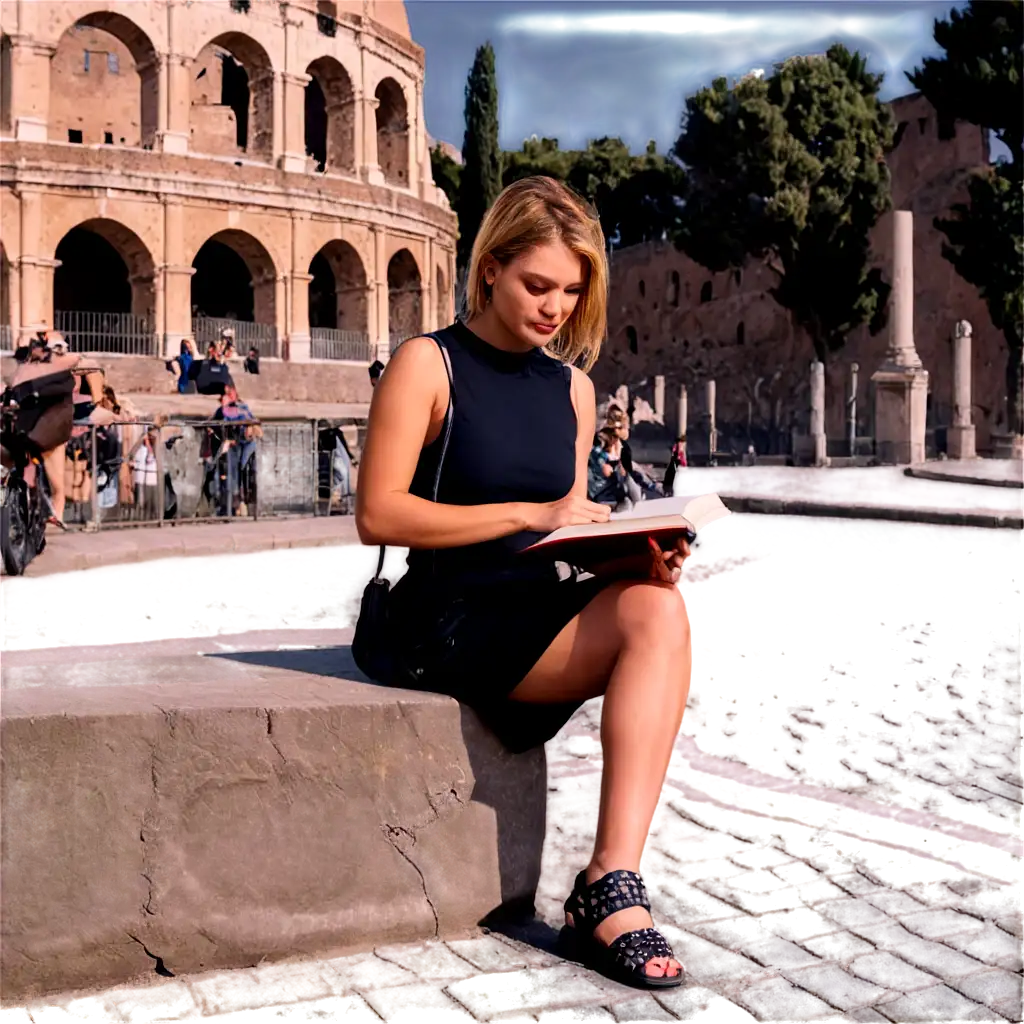 vorrei una foto dove c'é una studentessa bionda che legge un libro, seduta sulla strada, e in fondo si vede il Colosseo di Roma e i dintorni. Fa bel tempo, é estate, c'é sole. Magari possono essere anche turisti sulla foto.