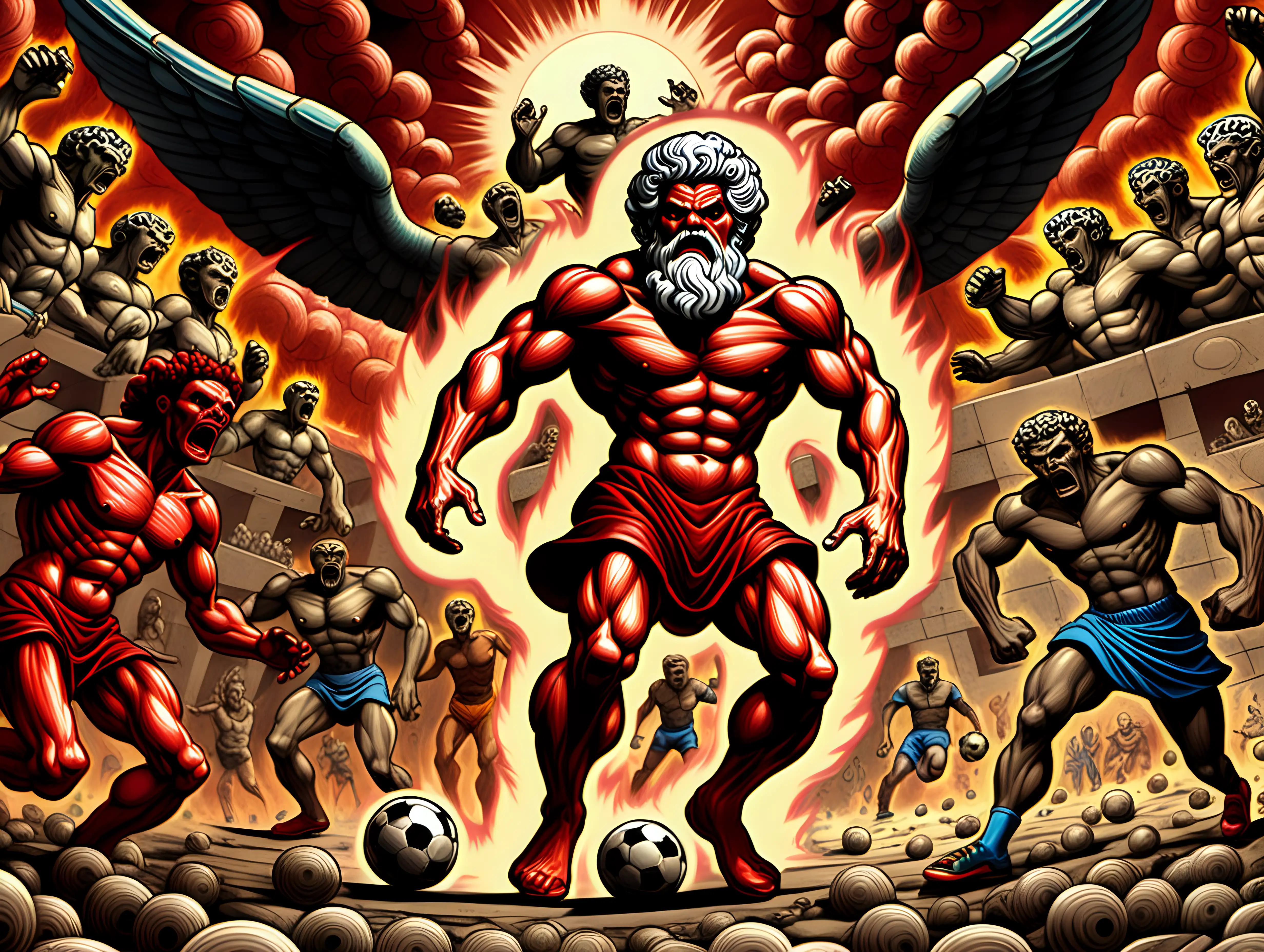 Zeus playing soccer against demons in  Hell in style of Jack Kirby