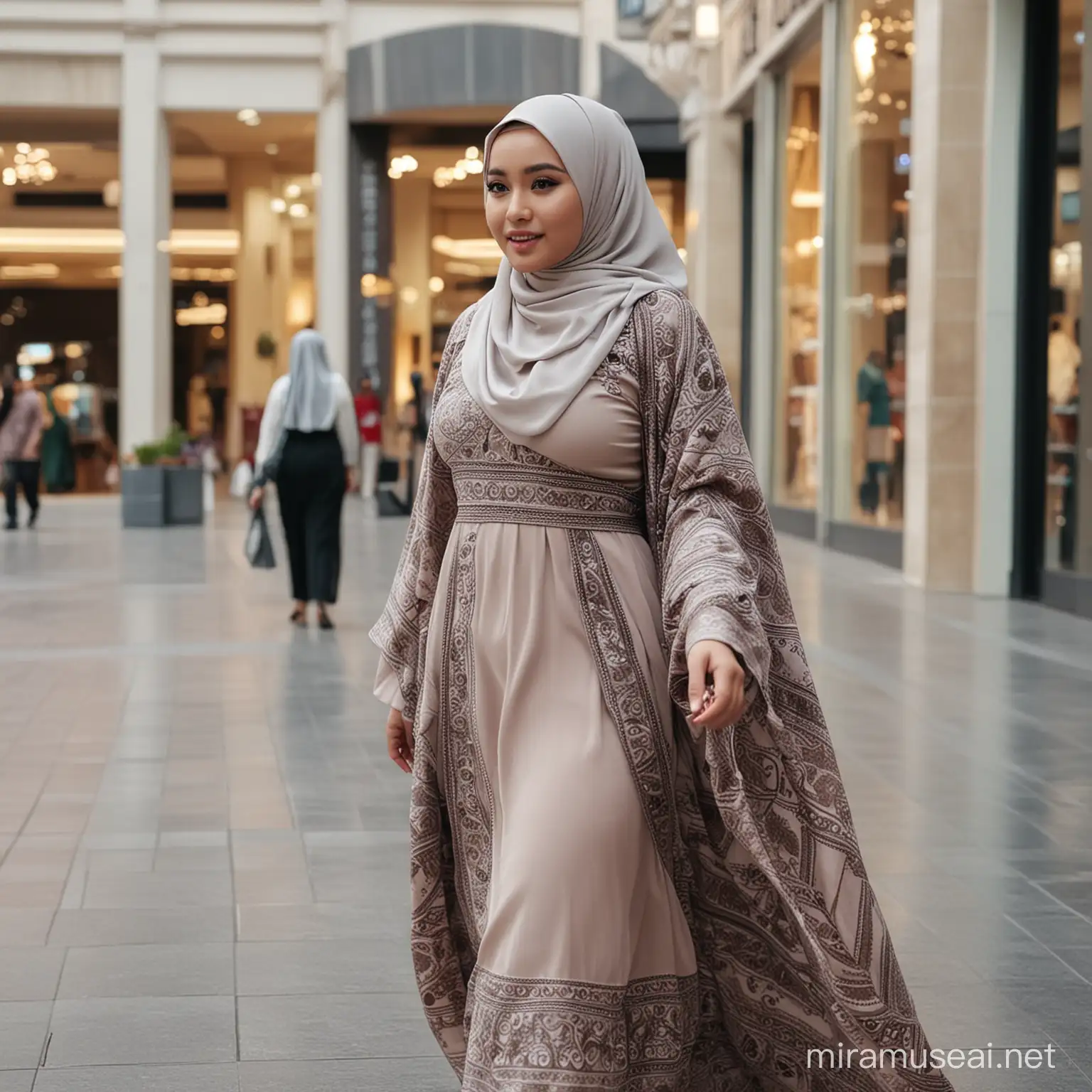 Stylish Indonesian Woman in Elegant Hijab Walking Near Mall