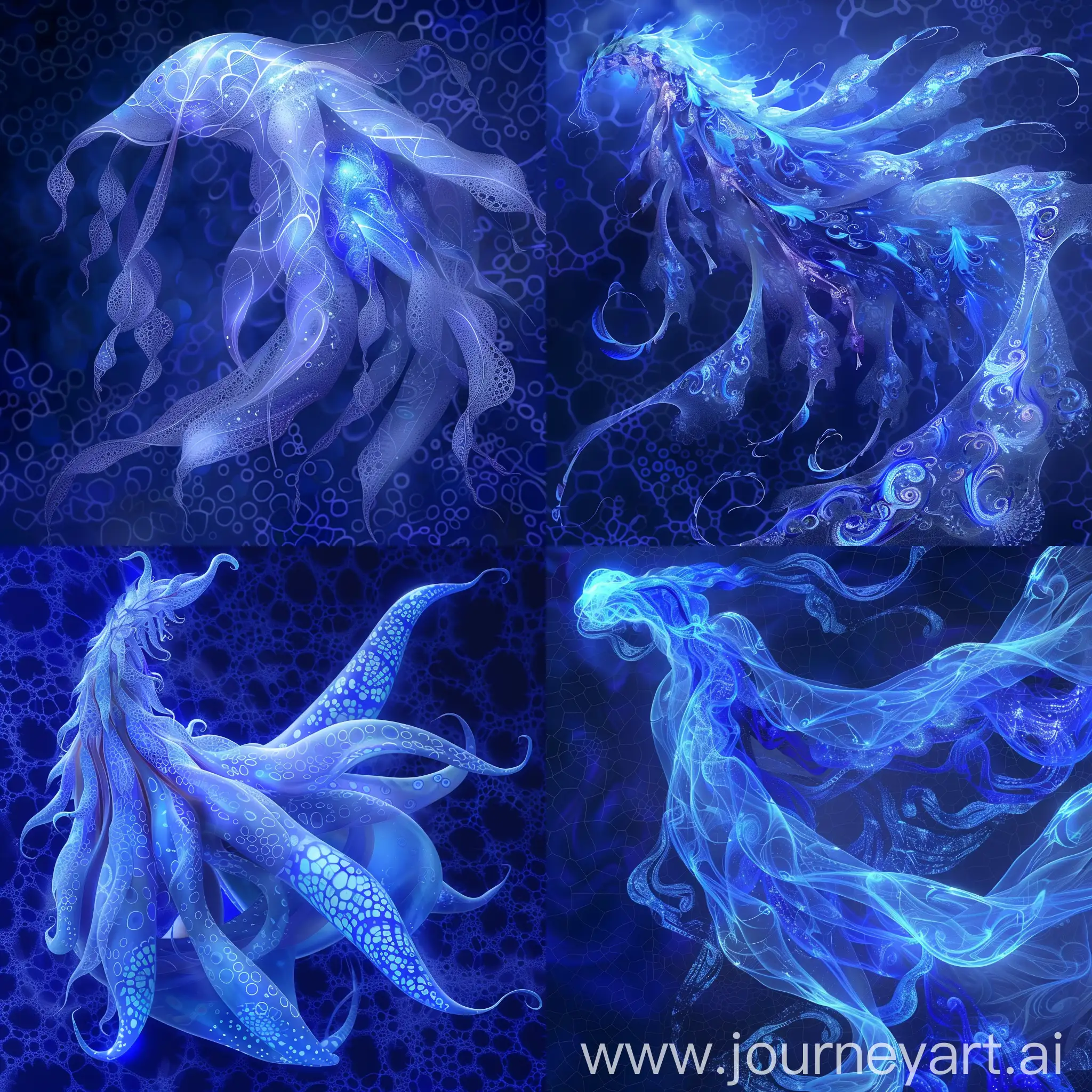 Visualize a (((fantastical surrealistic whimisical creature))) composed entirely of flowing periwinkle silk with intricate designs and ethereal patterns that give off magnificent bioluminescence. Its form and detailing suggest an otherworldly wonder that defies the realm of reality background should be deep blue fractal crackle swirls
