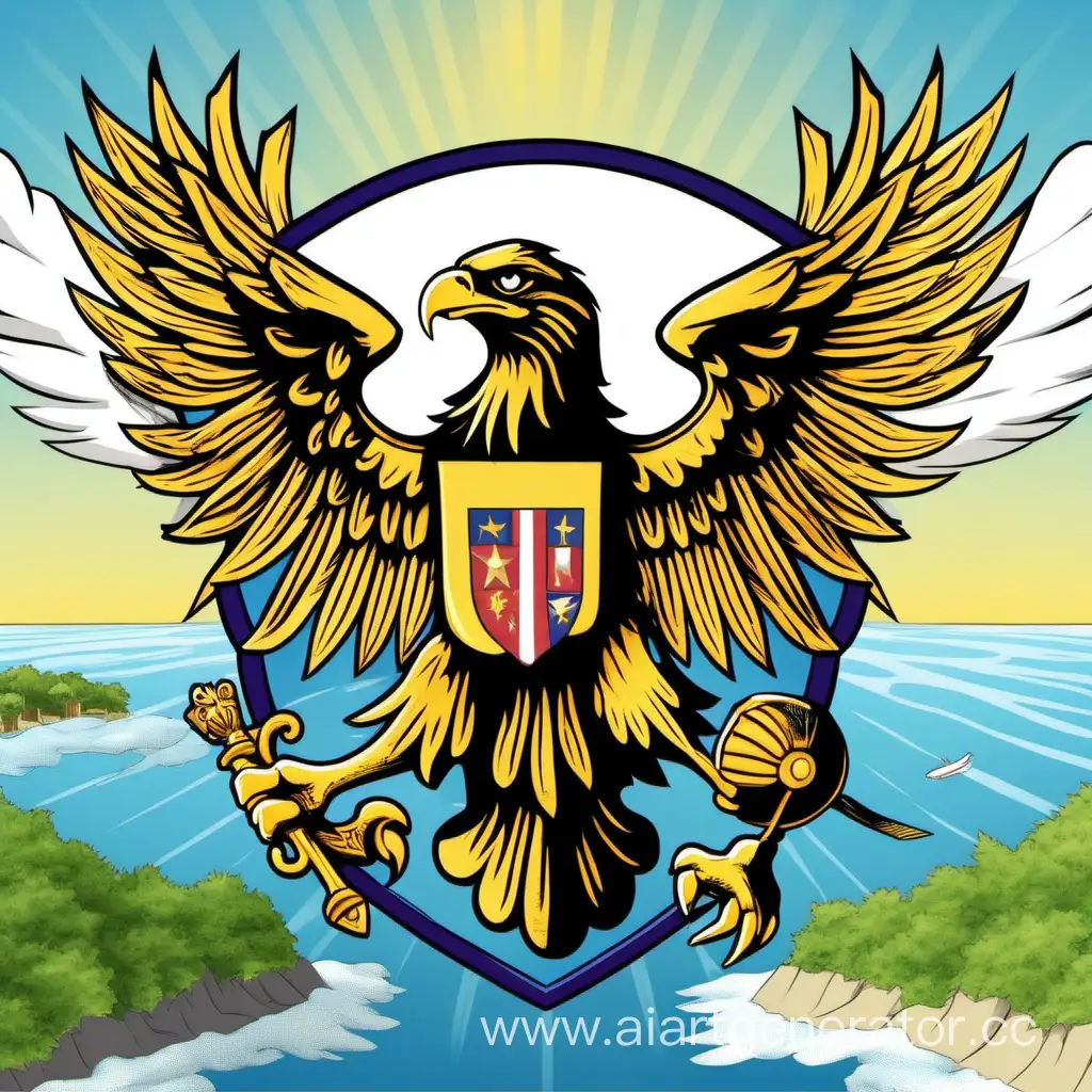Герб вымышленного государства, на котором будет изображен орел пролетающий над о солнечным островом
