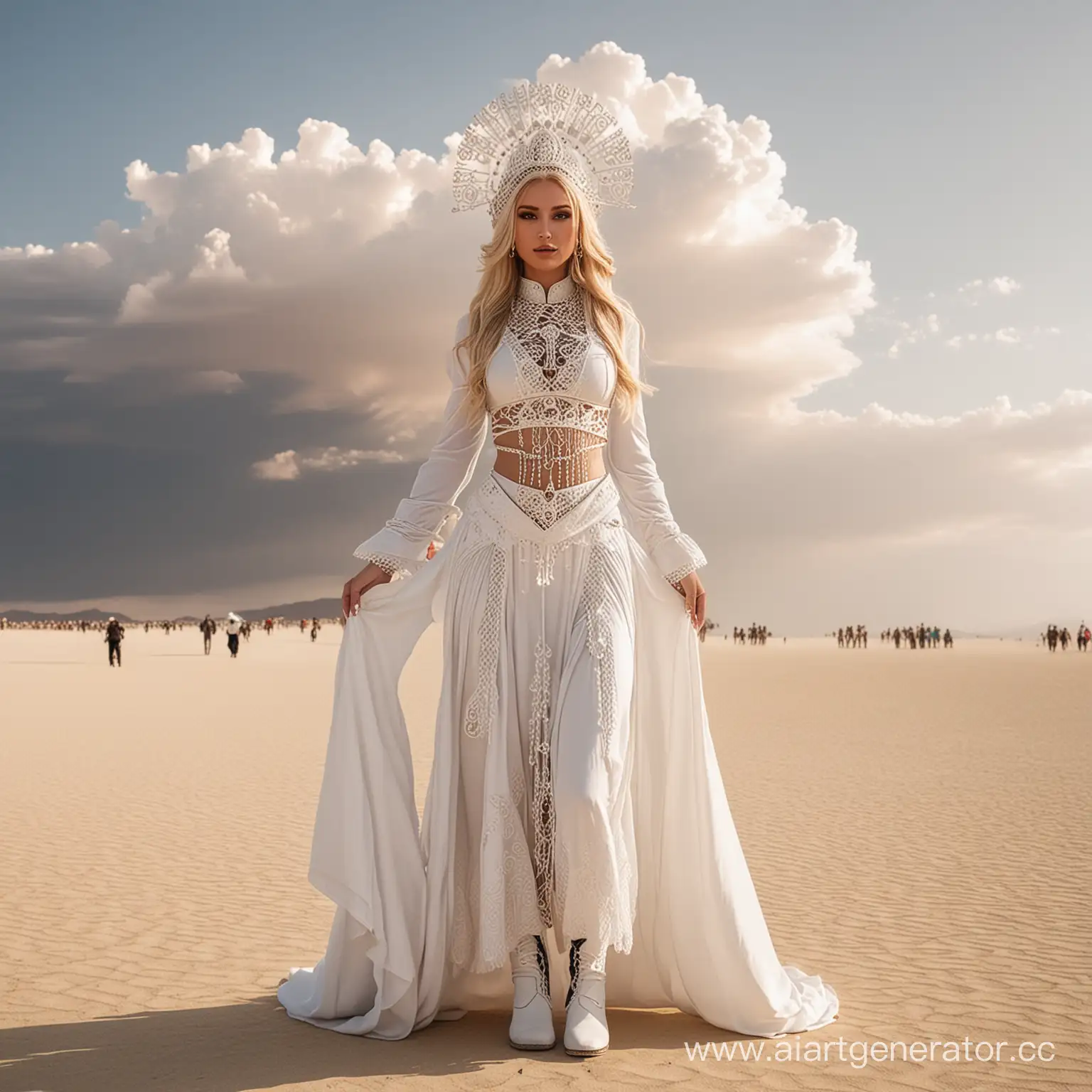 burning man white oriental princess style cloud costume, long skirt, head covered, long sleeves, white high boots