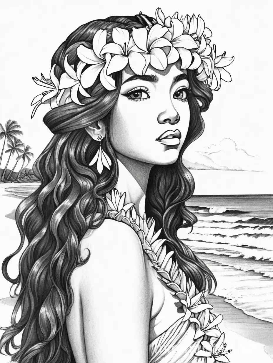 white background, Draw me a black and white picture of a Hawaiian dancer with long wavy hair and an exotic look on her face as she looks up toward the sun. She is not looking at me. She has a flower crown on her head made of plumerias. she is wearing a lei around her neck and she is not wearing earrings. Her skin is soft and light and her eyes are dark. She is in a kahiko pose at the shoreline toward the ocean.
