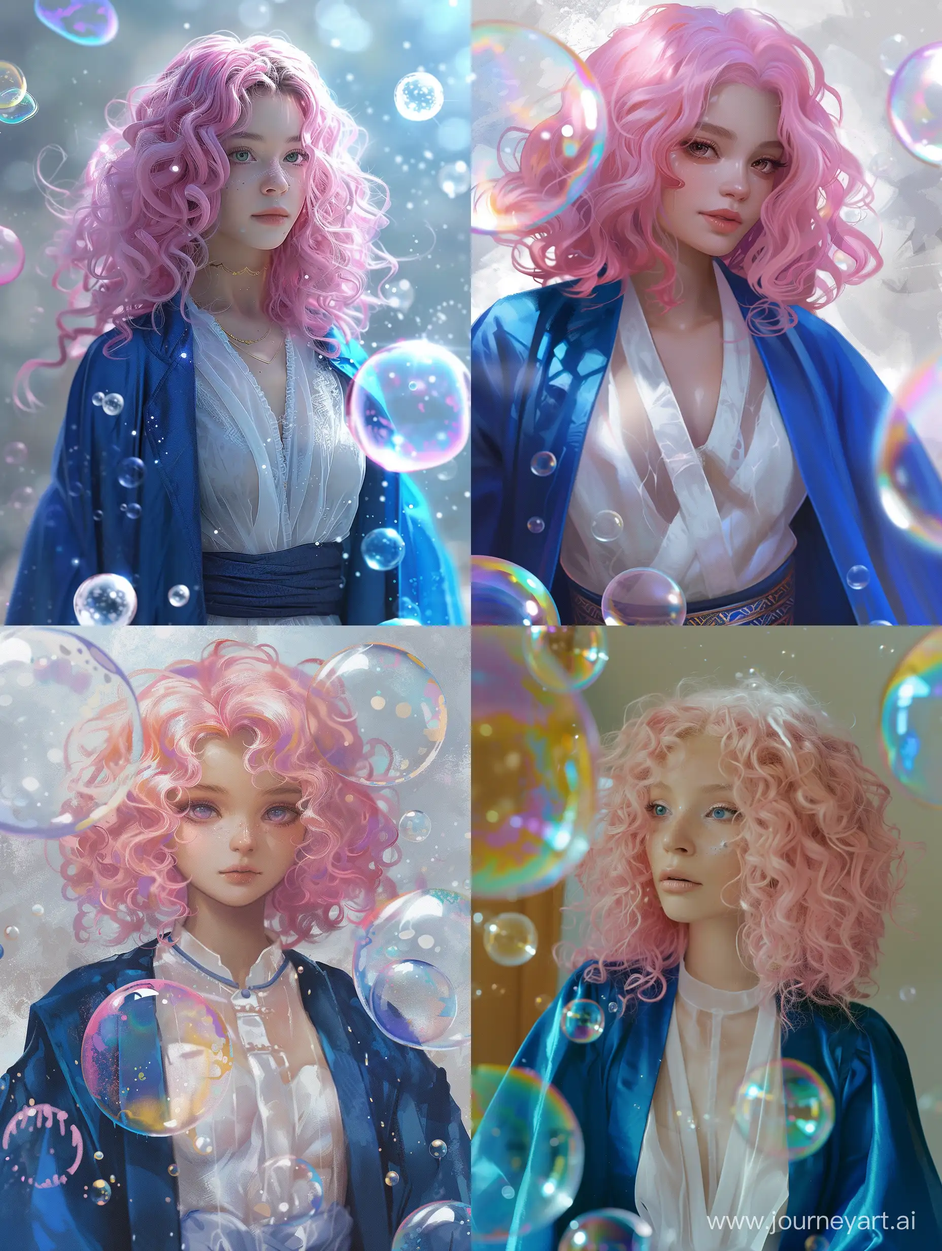 Enchanting-Sorcerer-Lady-in-Pink-Curly-Hair-and-Blue-Robe-Conjuring-Soap-Bubbles