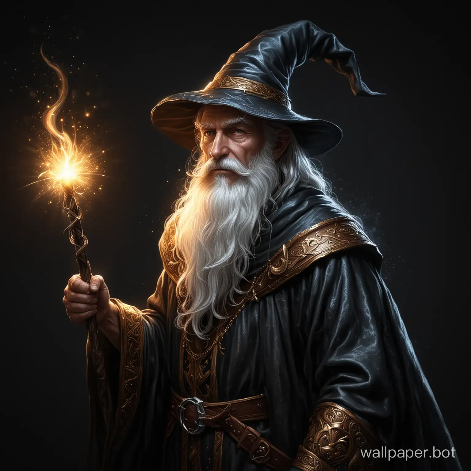 Draw a fantasy wizard who shines brightly on a black background