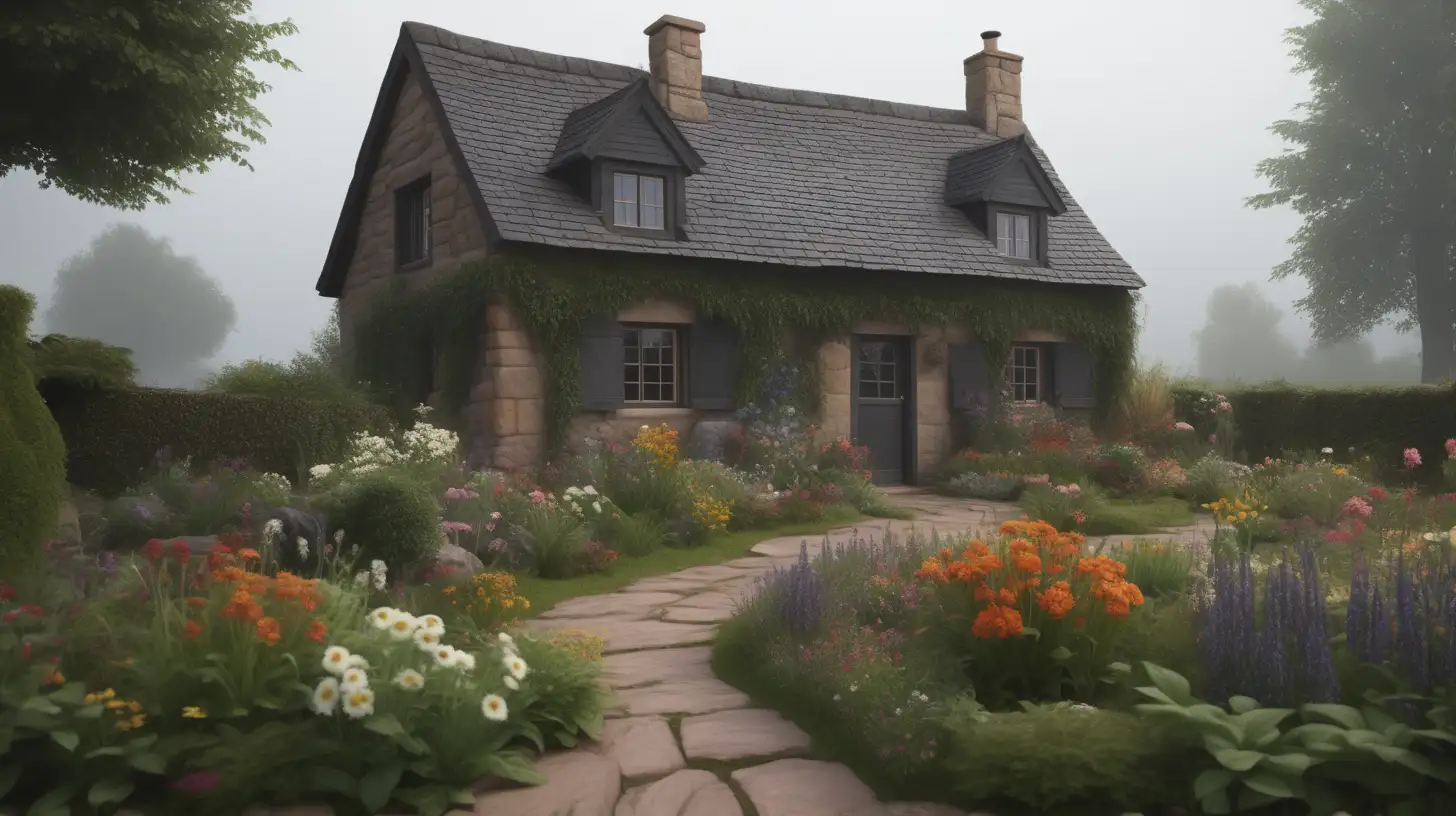 dark misty Country cottage made of sandstone with garden in flower in a ultra realistic, HD, 8K real life 
