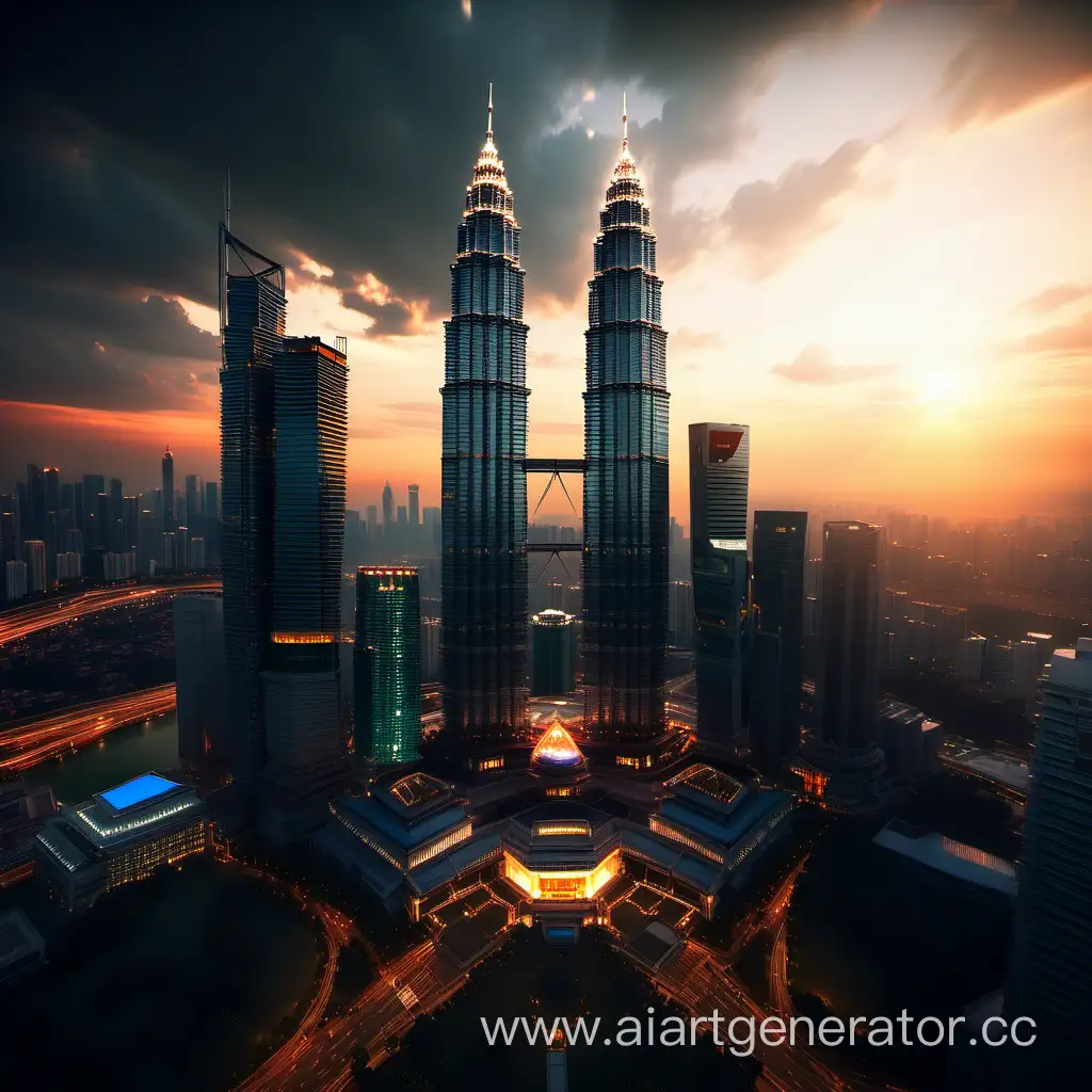sunset at horizon, overlooking city, ((petronas twin towers)), lens flare, city lights, Hyper realistic, Hyper realistic, mastepiece, Best Quality, 8K resolution, no tall buildings