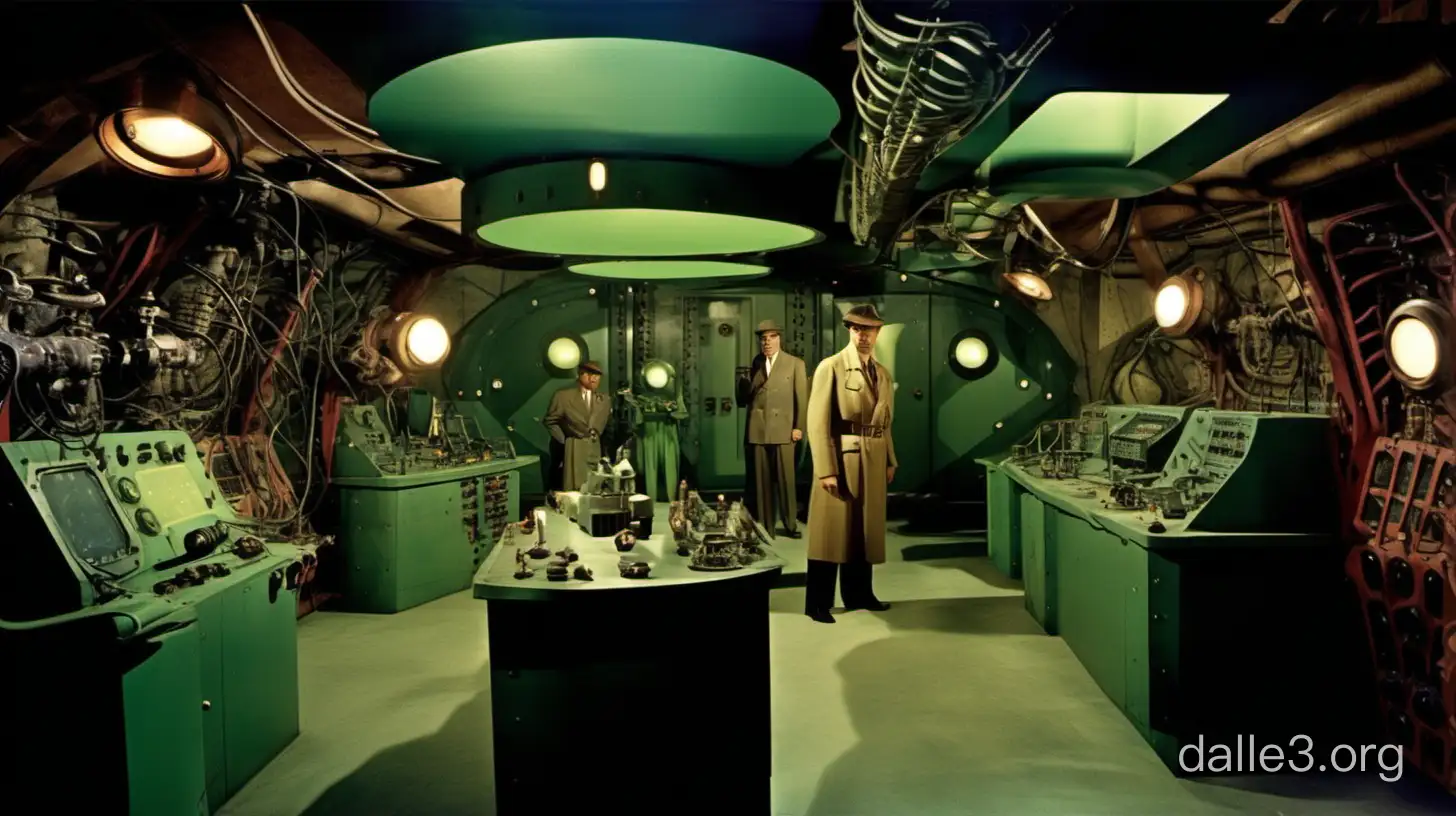 ((Full color photo)) of a 1940s spy movie villain's secret underground lair interior, exotic location, 1940s futuristic robots