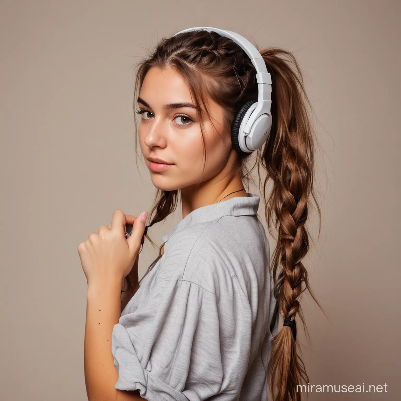 Shy Girl with Messy Braided Ponytail Listening to Music
