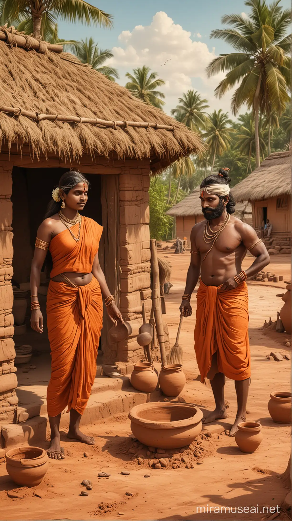 Ancient Tamil Couple Devotees Making Clay Pots in Village Hut