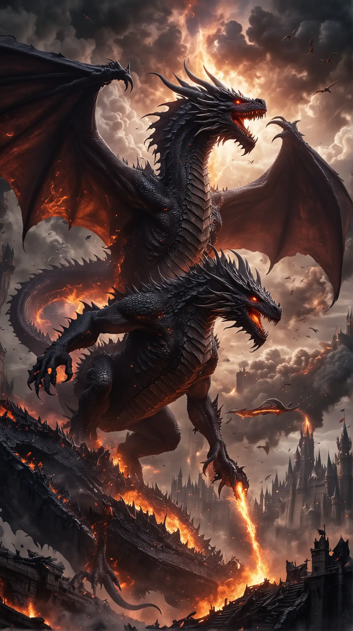 "A demonic dragon reigning over a cursed kingdom, its corrupted scales pulsating with dark energy as it spreads chaos and despair."

