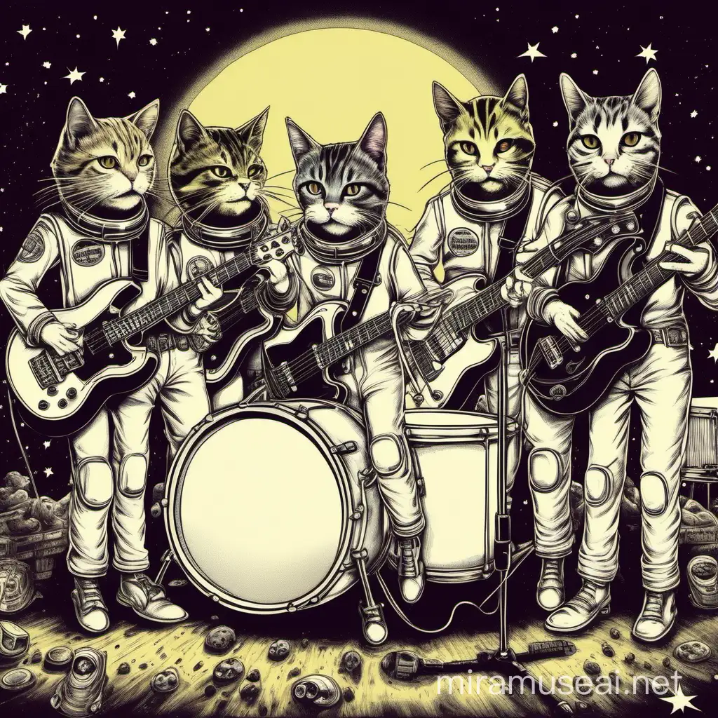 A music band of cats in spacesuits, with 5 band members in the band, one member is female and she is the singer, singing into a microphone, the remaining 4 band members are male, the band is playing punk rock in a country honky tonk bar, there is a audience of mice who are drinking whiskey and smoking cannabis, the instruments the band is playing include drums, guitar, banjo, mandolin, all 5 are having a great time, the bass drum head is clearly visible.