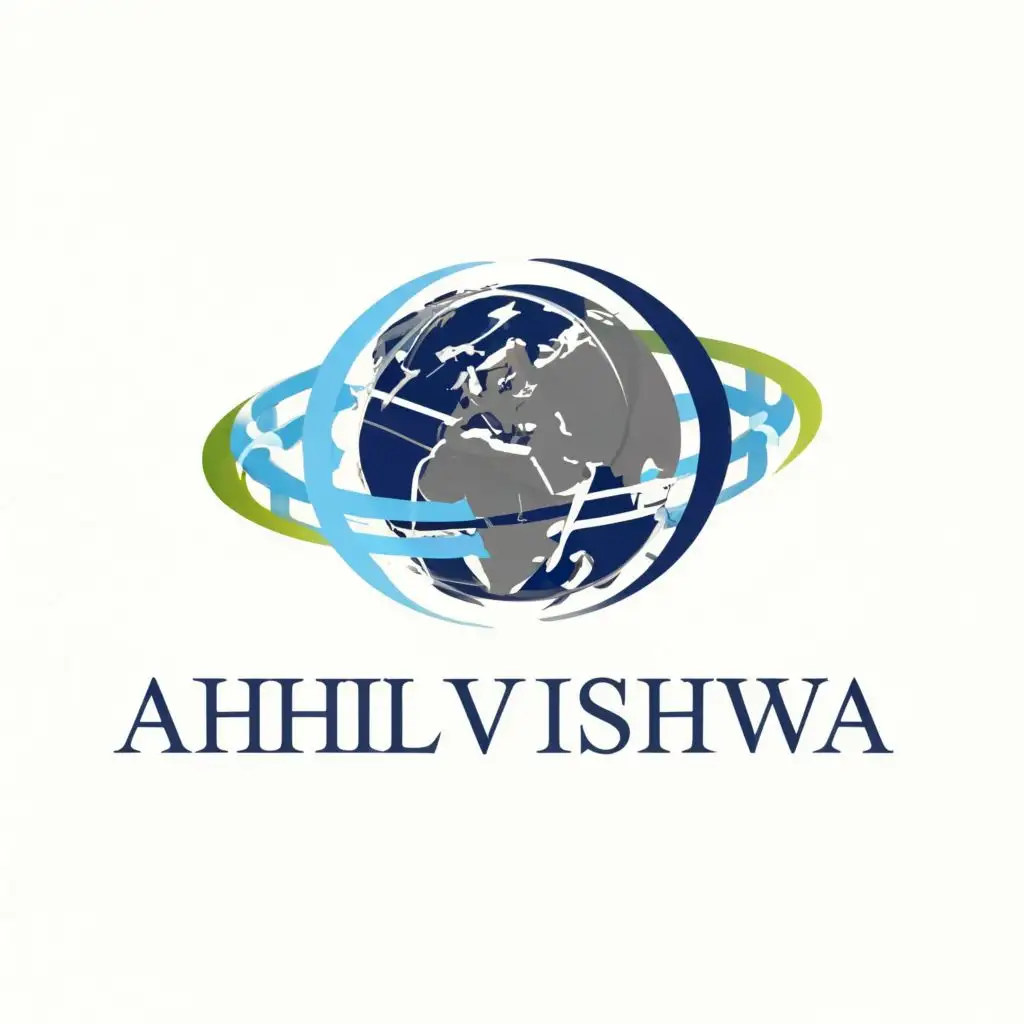 logo, Abstract Globe: Representing global reach and coverage.
News Ticker: Symbolizing the continuous flow of information.
Hinglish Text: The word “akhilvishva” creatively written in a blend of Hindi and English, emphasizing the portal’s language mix.
Color Palette: Shades of blue and gray, evoking trust, reliability, and professionalism., with the text "AkhilVishva", typography