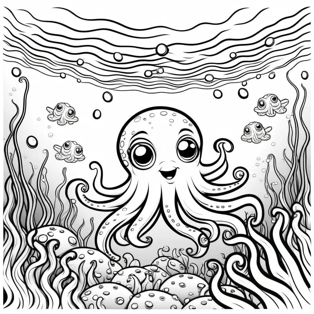 Coloring Page with little octopus playing underwatter