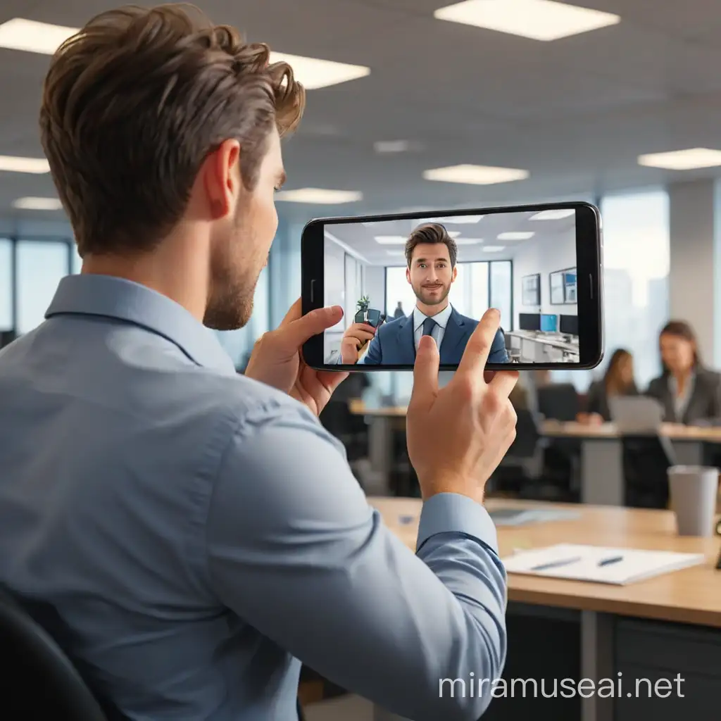 A 3d image capturing the mobile screen in focus, seen from the back angle of a man holding the mobile in his hands inside office.