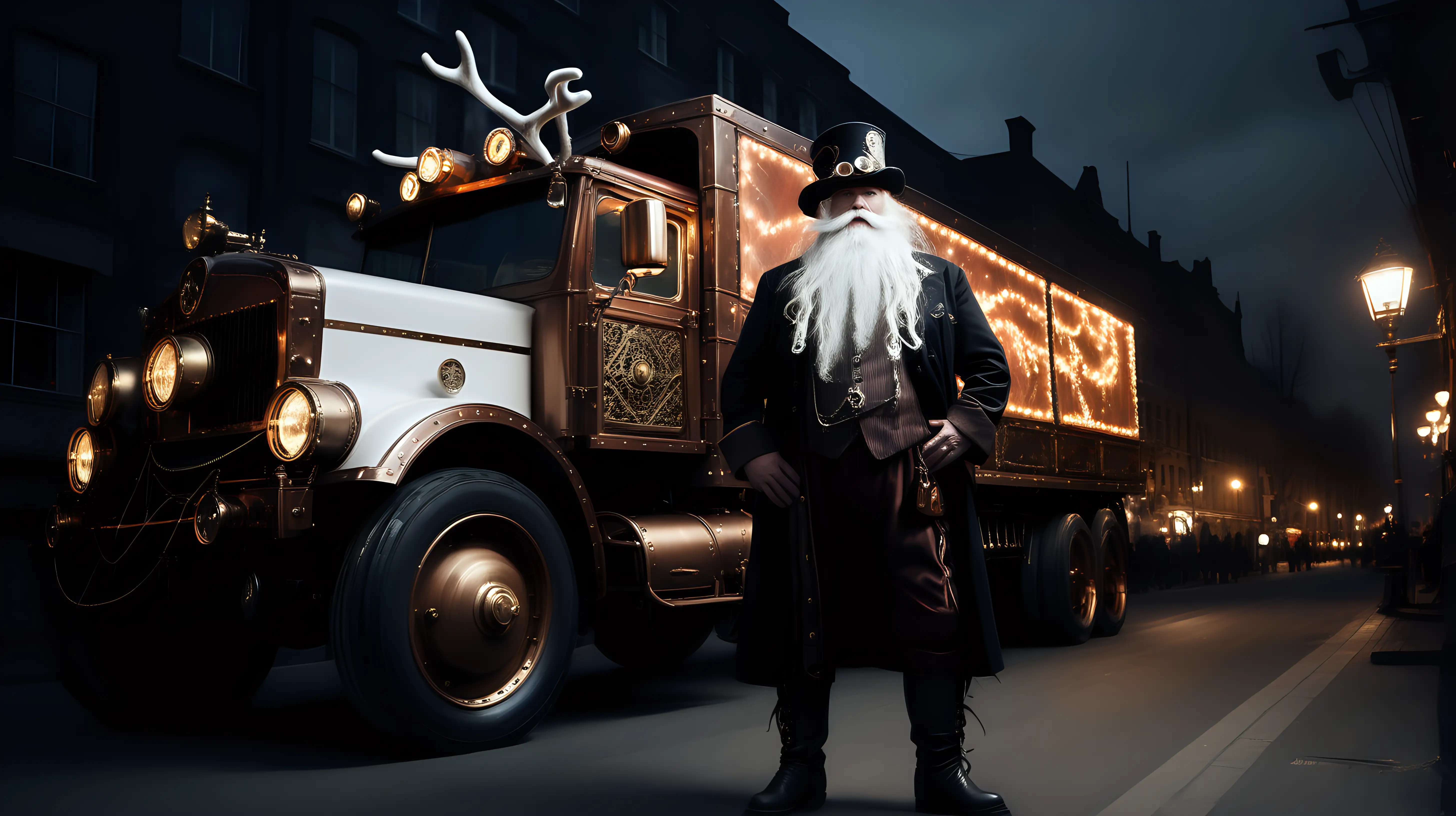 Steampunk Man with Long White Beard and Reindeers on a Dark Street