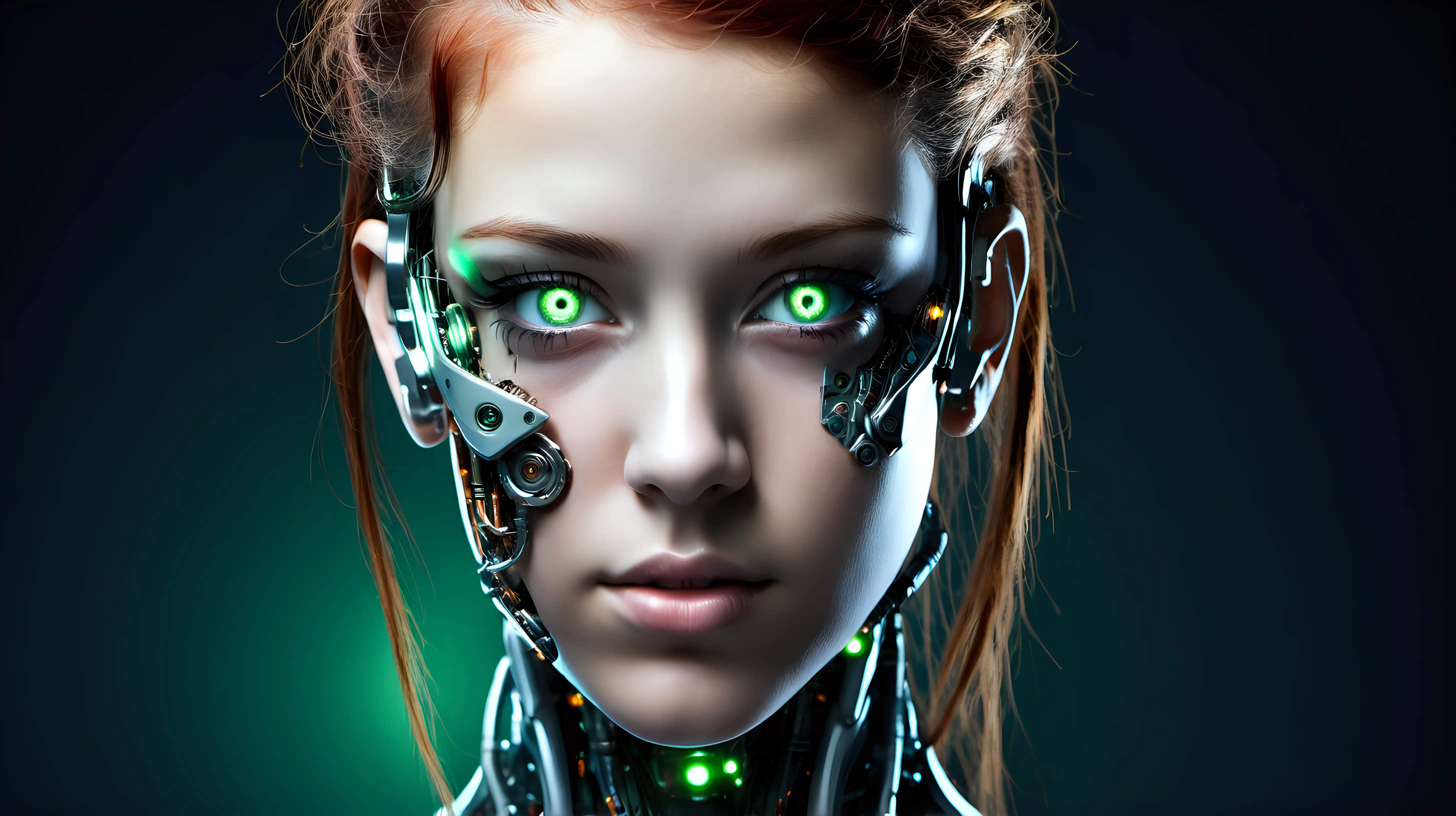 Cyborg woman, 18 years old. She has a cyborg face, but she is extremely beautiful. Green eyes.