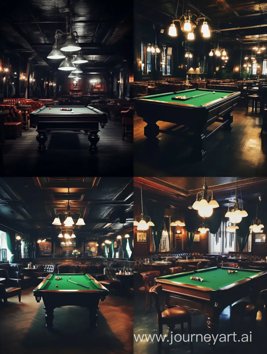 high quality photo of a billiard club, no people, dim lights, large tables, 4k, many tables for russian billiard, only white balls