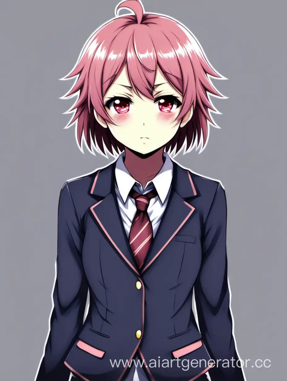 natsuki from ddlc, natsuki, small chest, school suit, cute face, angry face