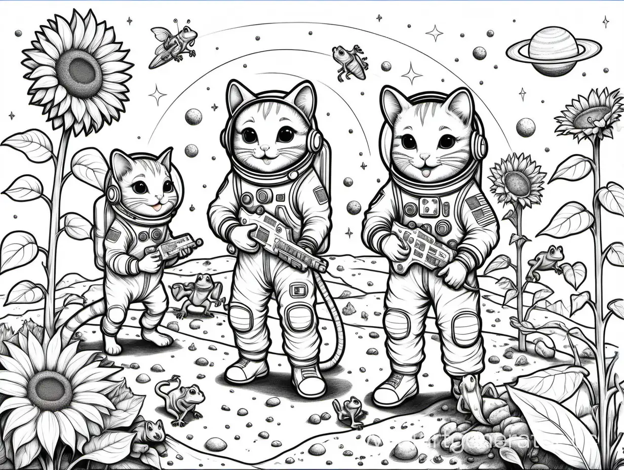 Контурний малюнок для розмальовки коти космонавти в скафандрах ловлять мишей на Марсі, поруч жаби і змії, ростуть соняшники