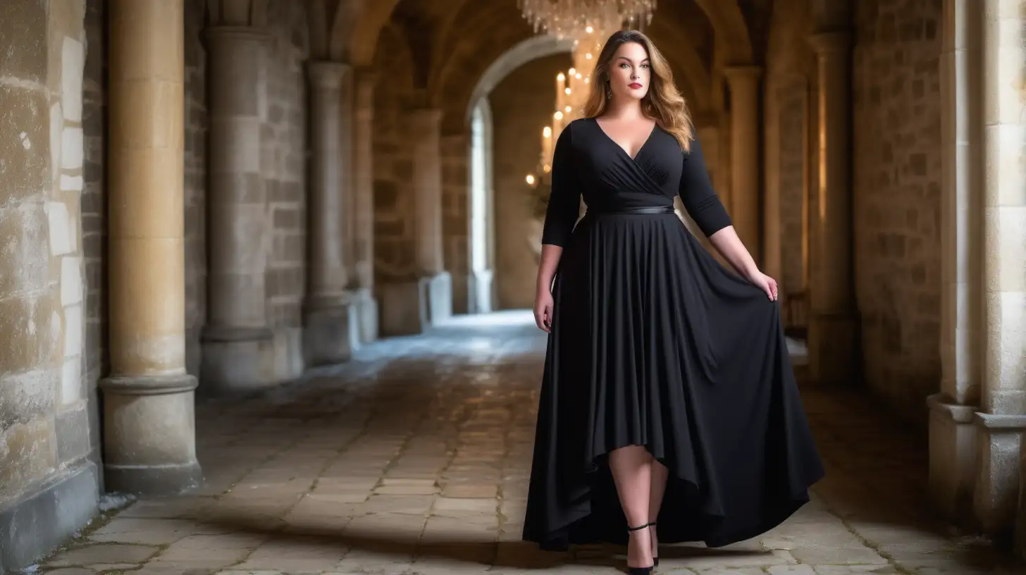 beautiful, sensual, classy elegant plus size model wearing a round neck black dress with a slightly flared skirt that ends just below the ankles, slightly flared long skirt, skirt is made from the same black fabric as top, fitted black bodice, deep round neck surplice  bodice, long fitted sleeves, empire defined waistline with a waistband tonal to the dress, hair is flowing, luxury photoshoot inside a magical winter castle in France, winter decorations inside the rooms in the castle, antique background