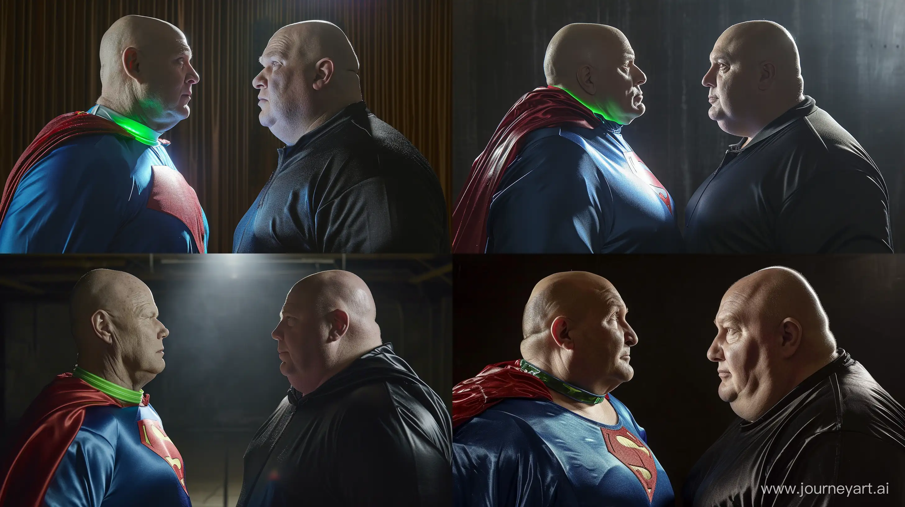 Closeup portrait photo of two men facing each other. The man on the right is a chubby man aged 60 wearing a silky black tracksuit. The man on the left is a chubby man aged 60 wearing a blue silky superman costume with a large red cape and a green glowing small short dog collar. Inside. Natural Light. Bald. Clean Shaven. --style raw --ar 16:9 --v 6