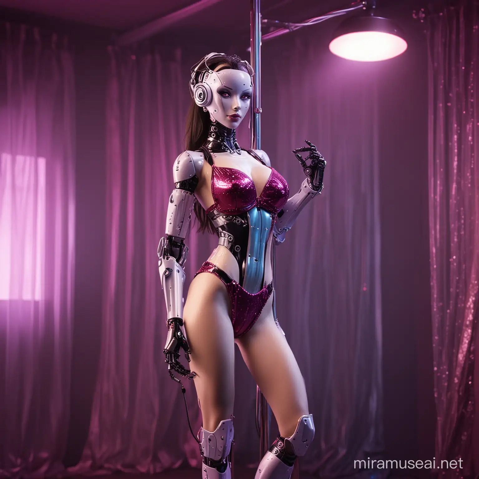 female robot in lingerie, pole dancing in brothel
