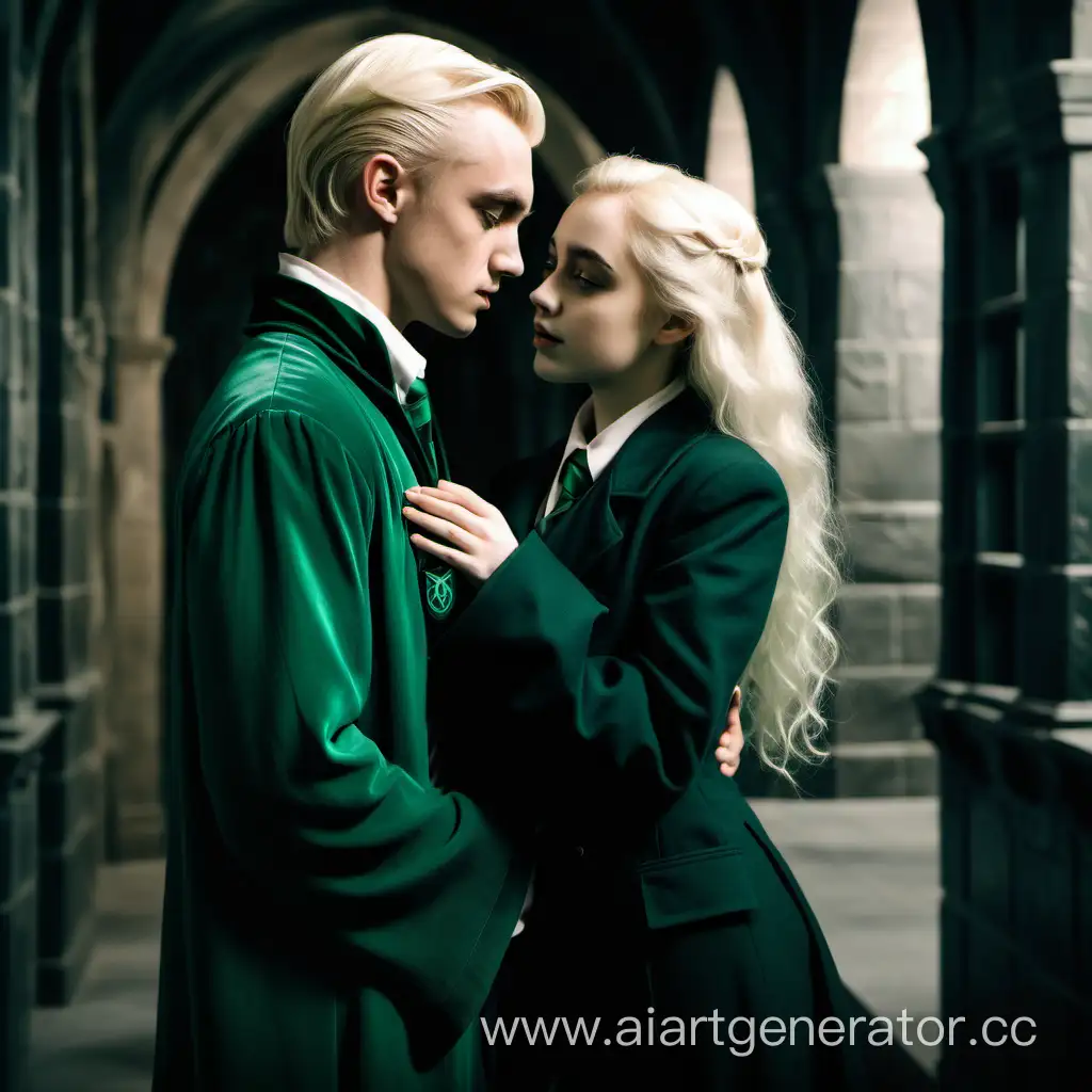 a young beautiful attractive girl with blond straight hair and blue eyes in the form of Slytherin is standing in an embrace with a handsome young Draco Malfoy and next to a guy with dark curly hair in the hallway of Hogwarts, a side view,view from the side