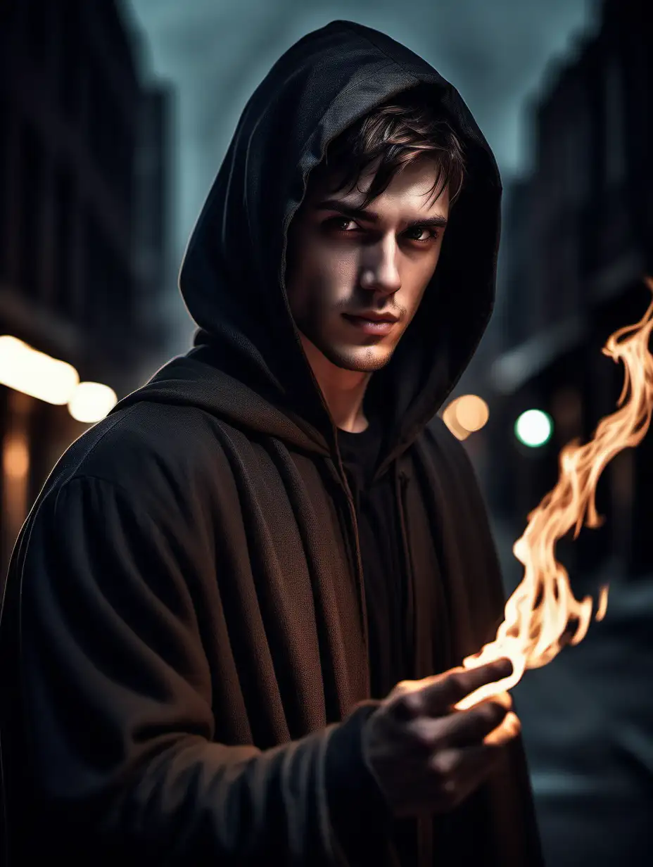 A handsome strong looking guy, around 27 years old, short brown hair, hazel eyes, cloaked, strong jaw, he can conjure fire in his hand, standing in desolate deserted city at night, shadowy. 