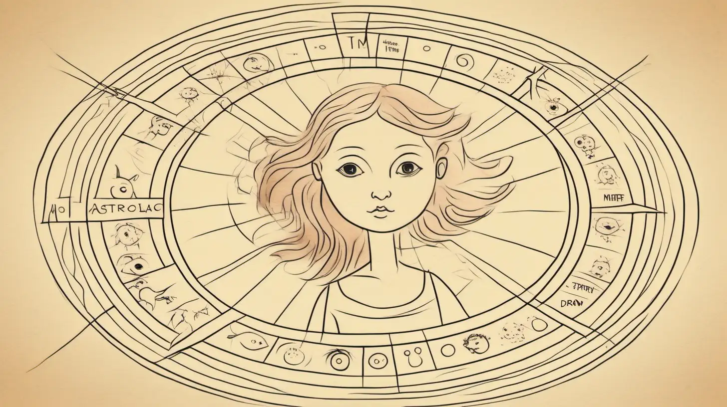 Draw An astrological wheel with   baby and mother loose faces . Loose lines. Muted color, add a label write on text