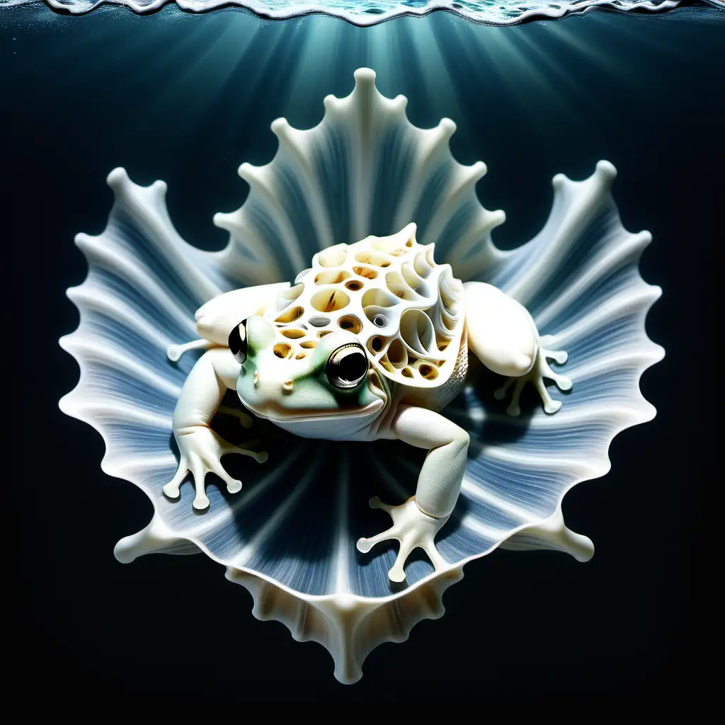  white frog made from seashell fractal design , underwater