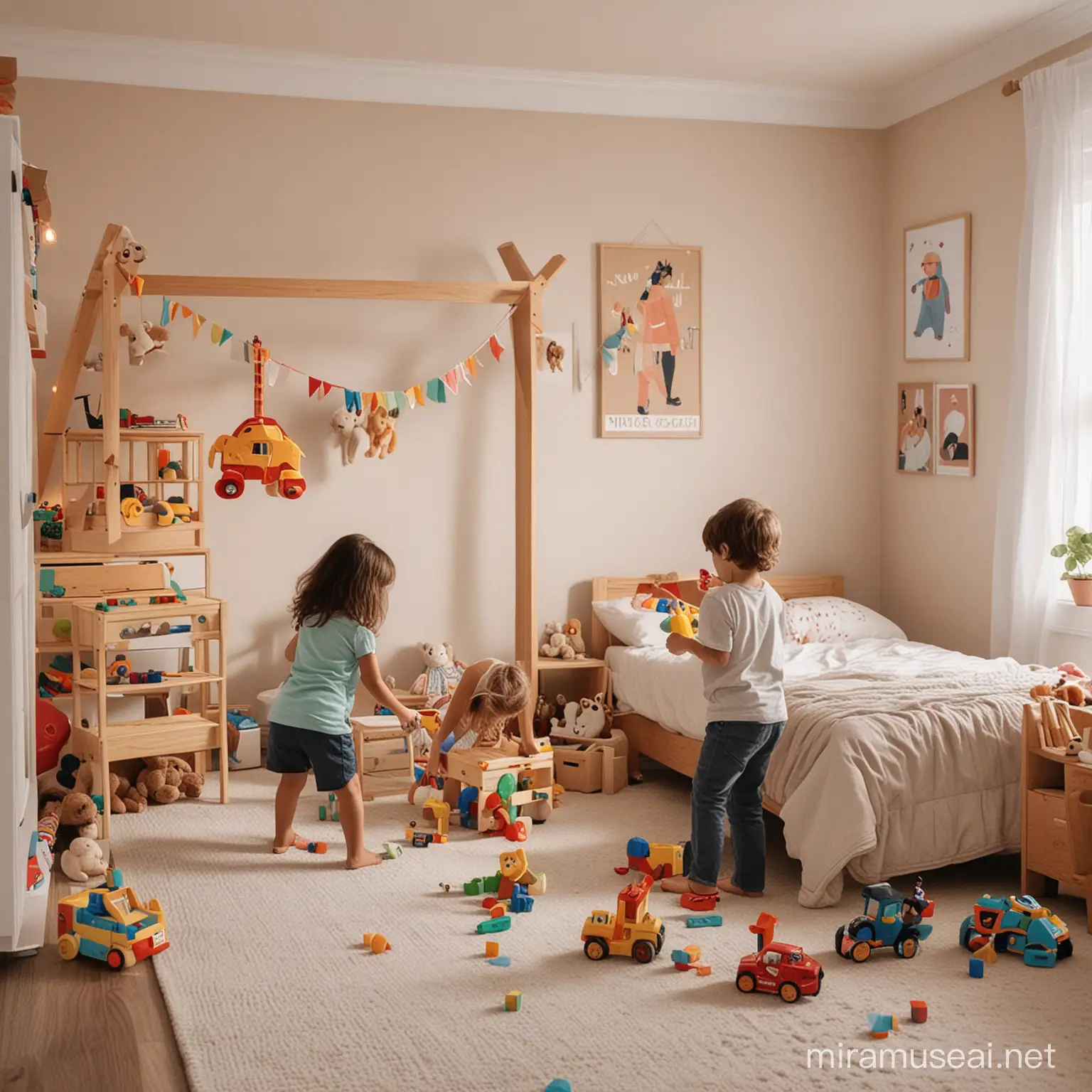 Children Engaged in Imaginative Play with Toys in Bedroom