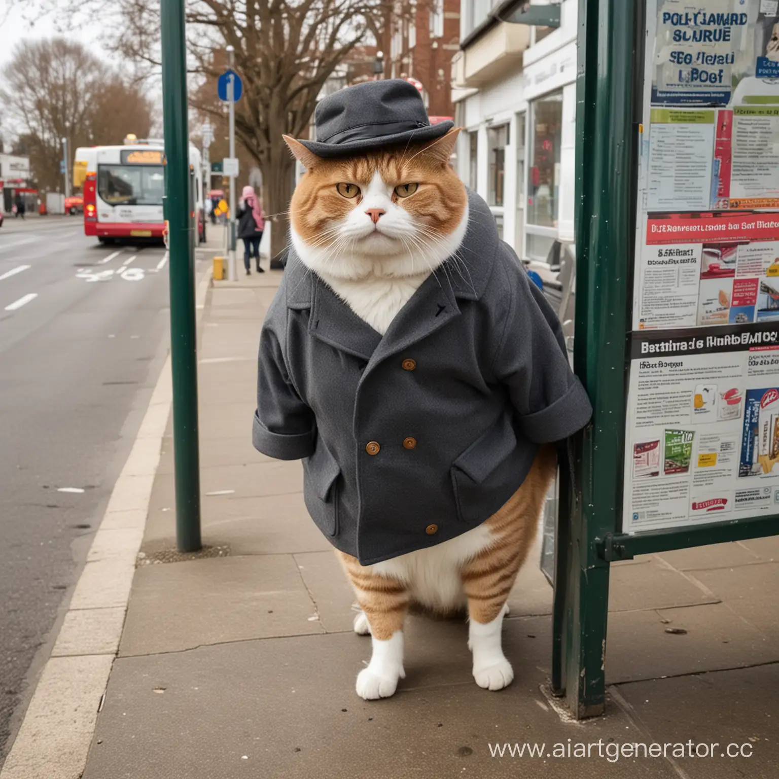 Chubby-Feline-Waiting-at-Bus-Stop-in-Dapper-Hat-and-Coat