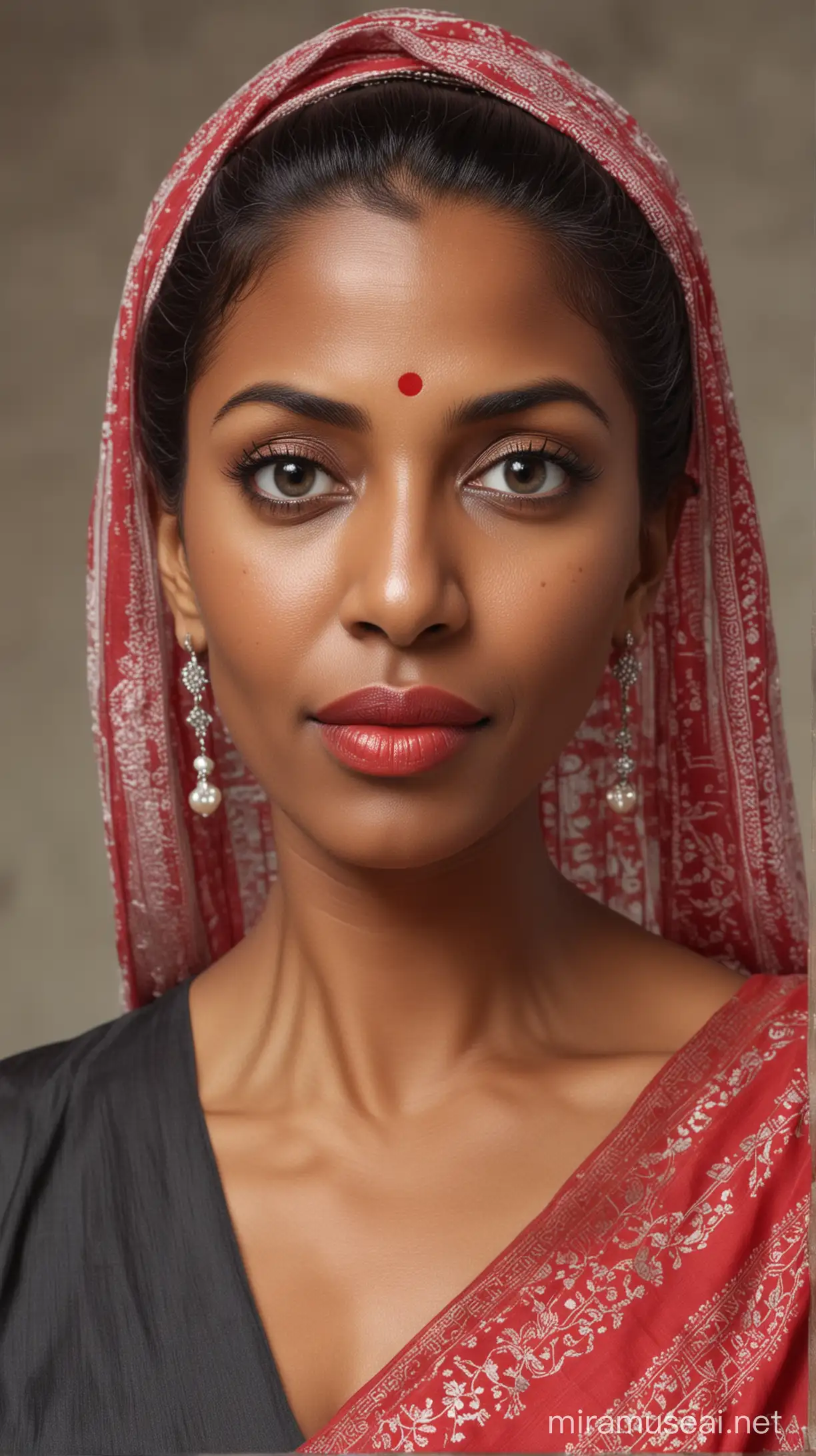 A 63 year old black skinny woman with big eyes, straight nose, small red lips, sharp chin and long straight hair with a bun at the back wearing a saree with a veil on head