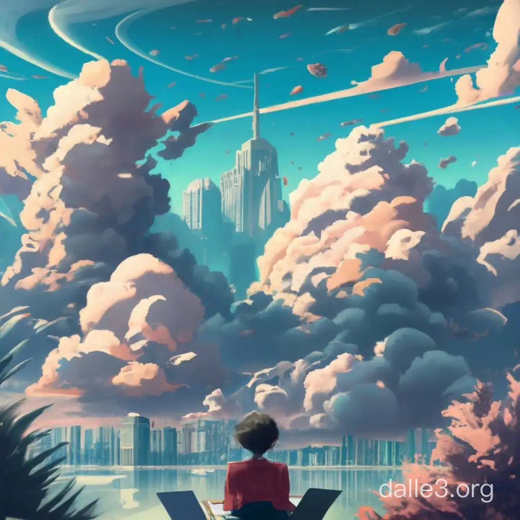 complex clouds with an anime person studying in the foreground

