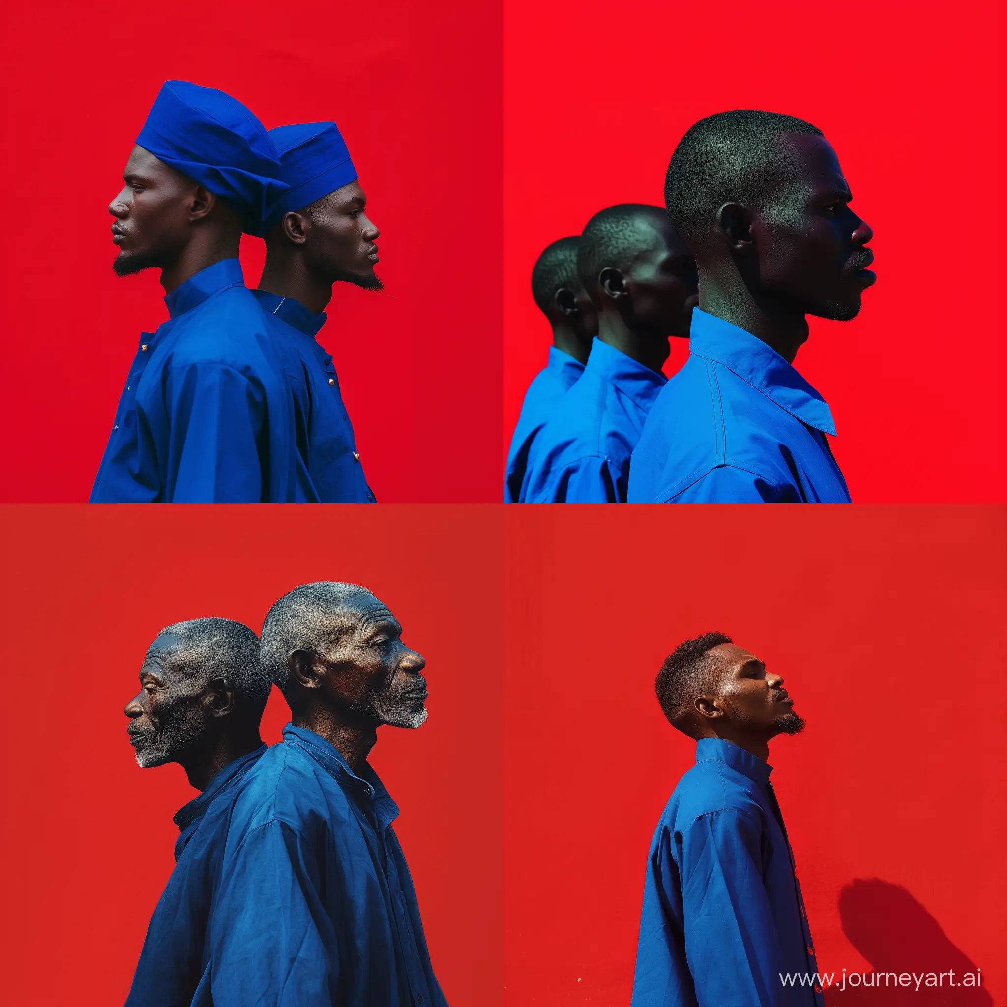 African-Men-in-Blue-Clothes-Striking-Profiles-on-Red-Background