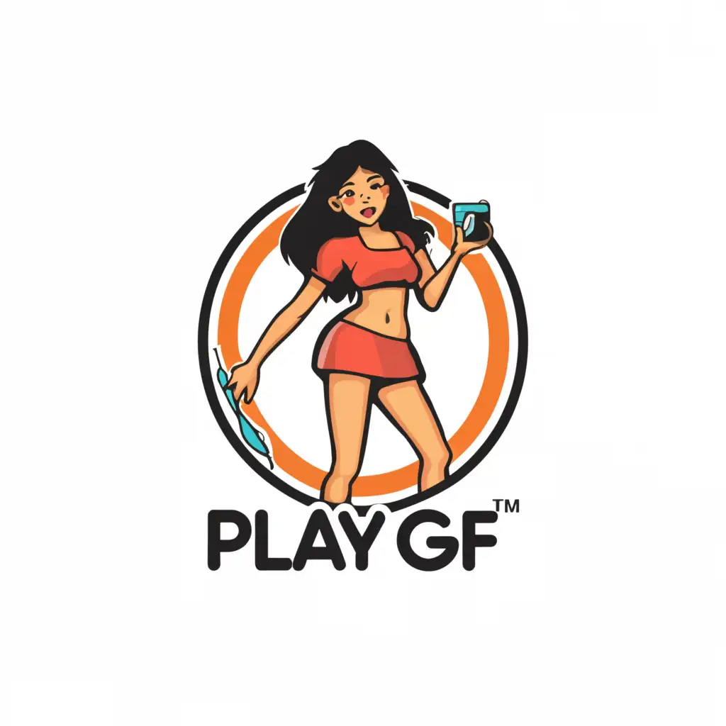 a logo design,with the text "PLAYGF", main symbol:short skirt cam girl,Moderate,clear background