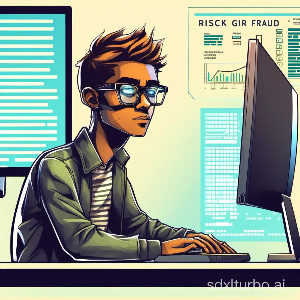 a young man sitting in front laptop and a monitor and coding risk engine for fraud detection he is also wearing square glasses