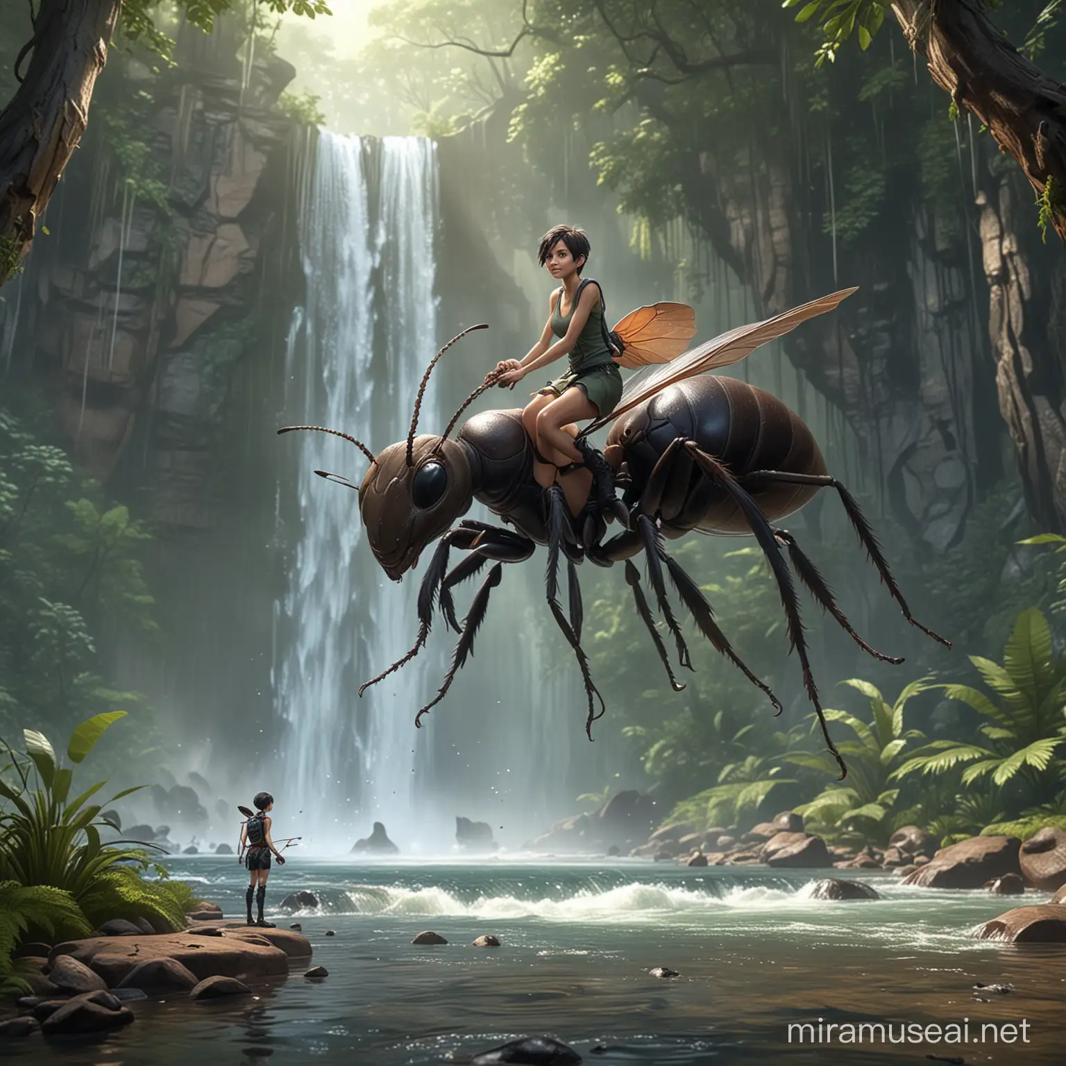 cute realistic female pixie riding a giant ant in a giant forest, waterfall background, full body