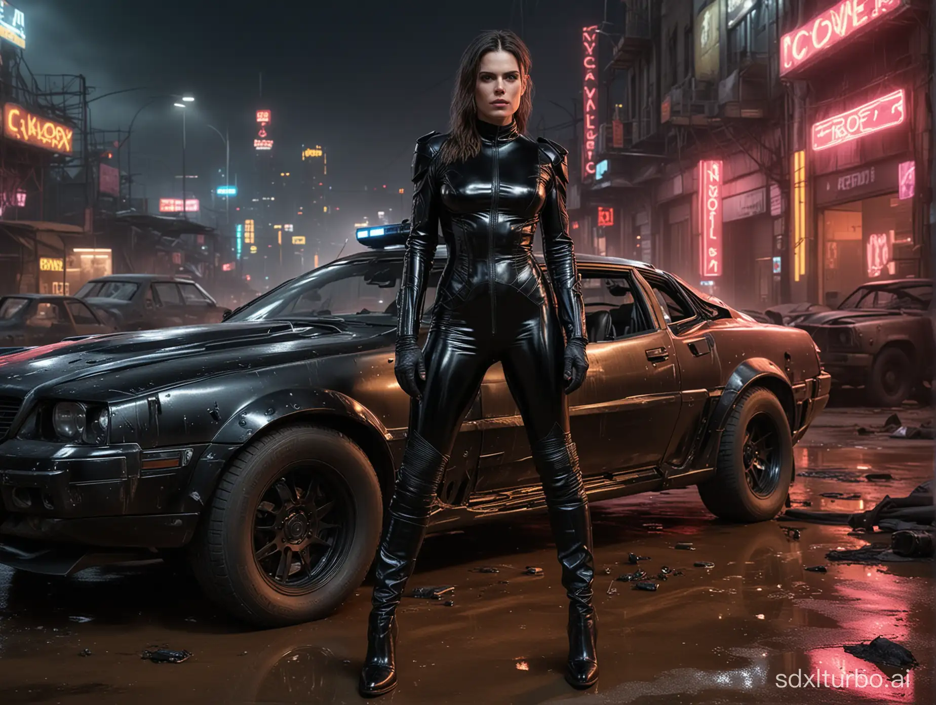 realistic hd photo , cyberpunk police clea duvall standing , wearing black low-cut shinny pvc catsuit , wearing long shiny pvc gloves , wearing shinny pvc thigh high boots , in cyberpunk destroyed city with mad max car , inlighted by neons ,