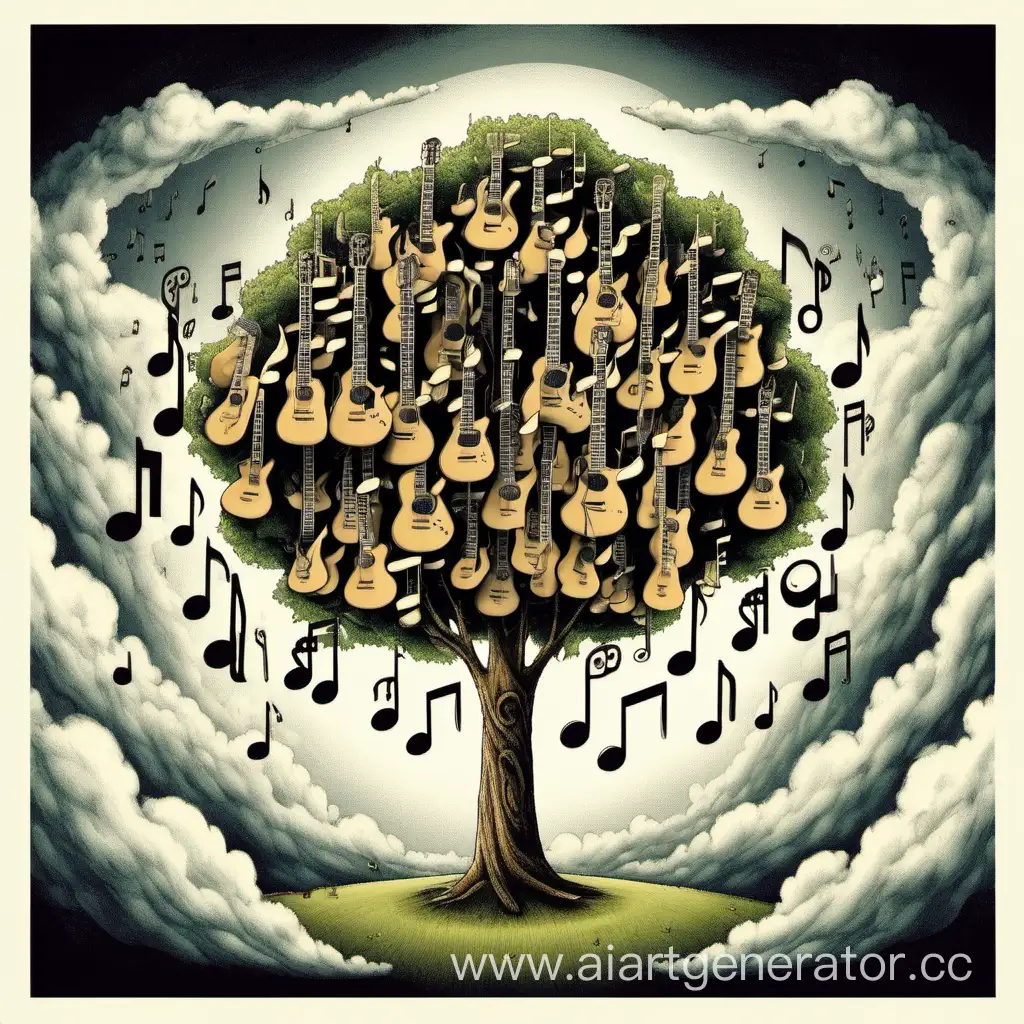 Гитарное дерево с нотными облаками
