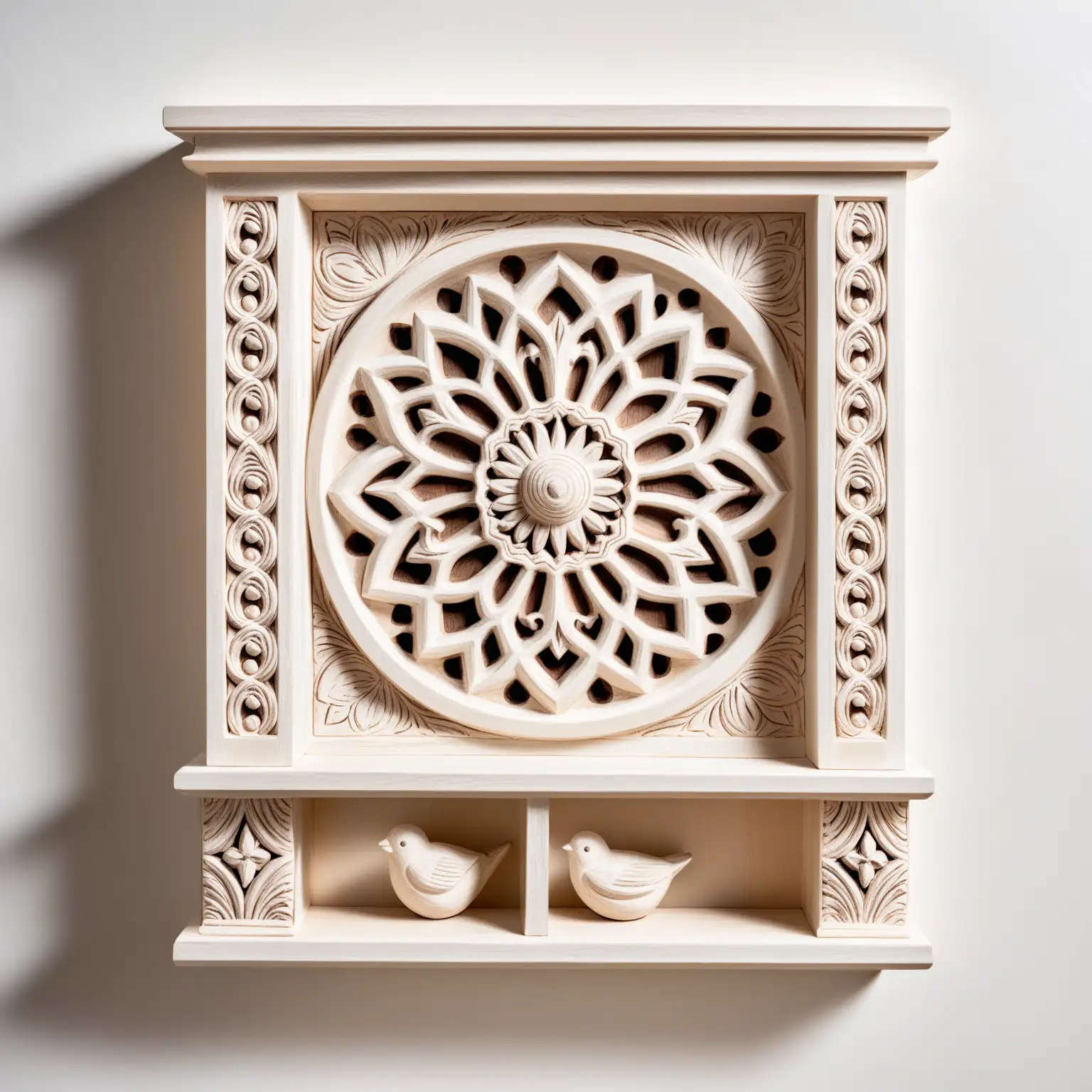 Elegant Whitewashed Wall Storage with Carved Accents