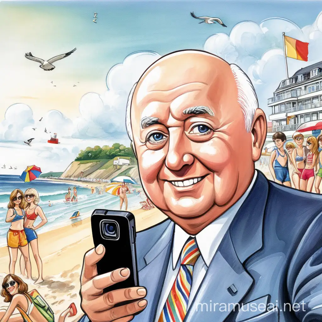 very colorful, cartoon style, Mikhail Gorbachev taking a selfie, at the beach, in England, he is smiling