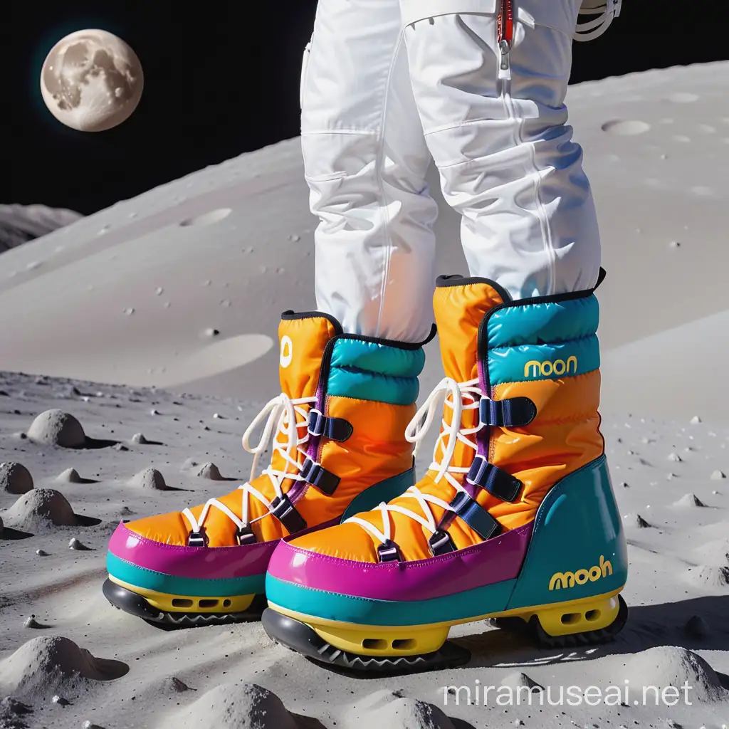 moon boots, by themselves no legs, posed on the moon, stylish yet comical, bright colors