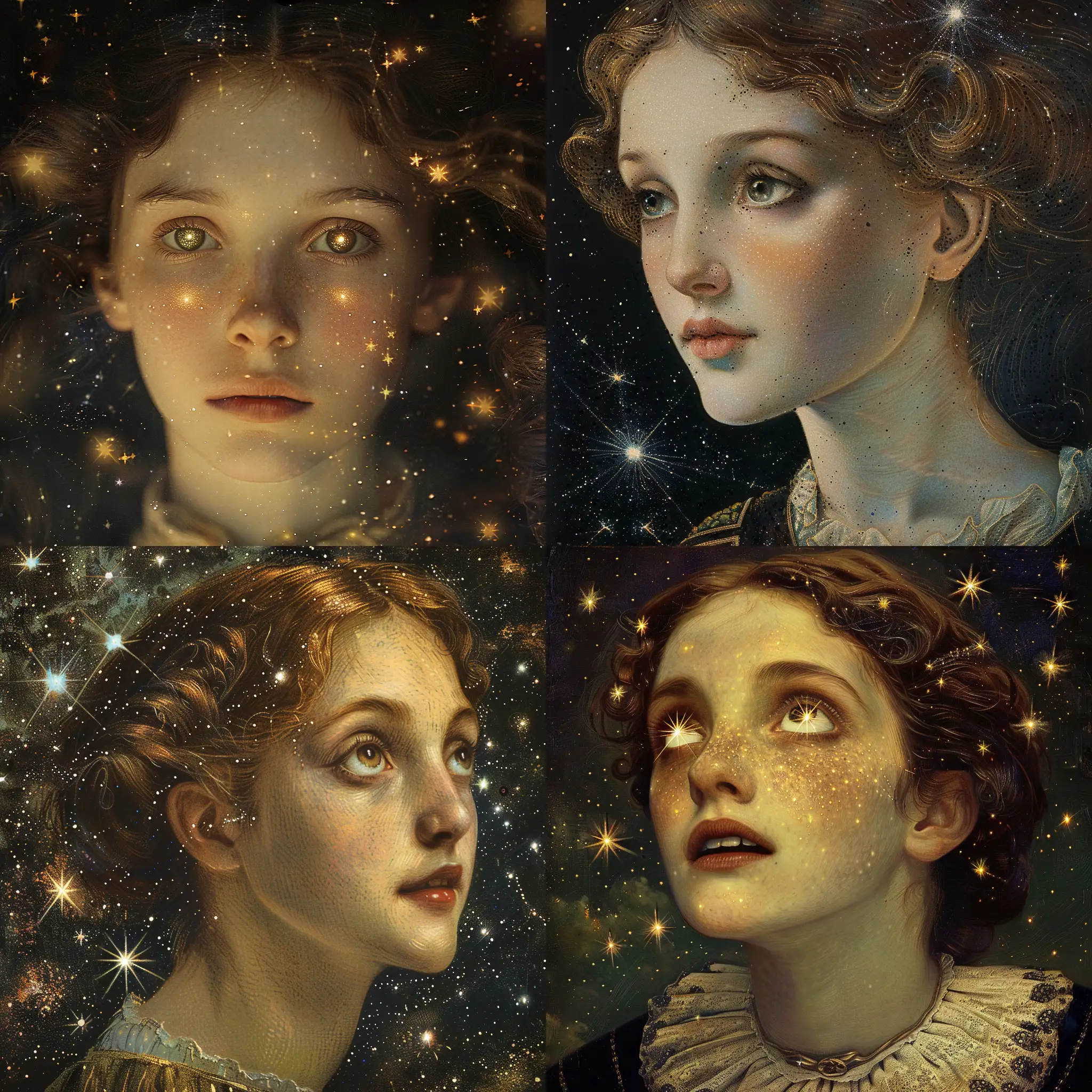 Portrait of a young Victorian woman in space with the stars reflecting in her eyes. Beautiful magical mysterious etheral highly detailed. John Everett millais