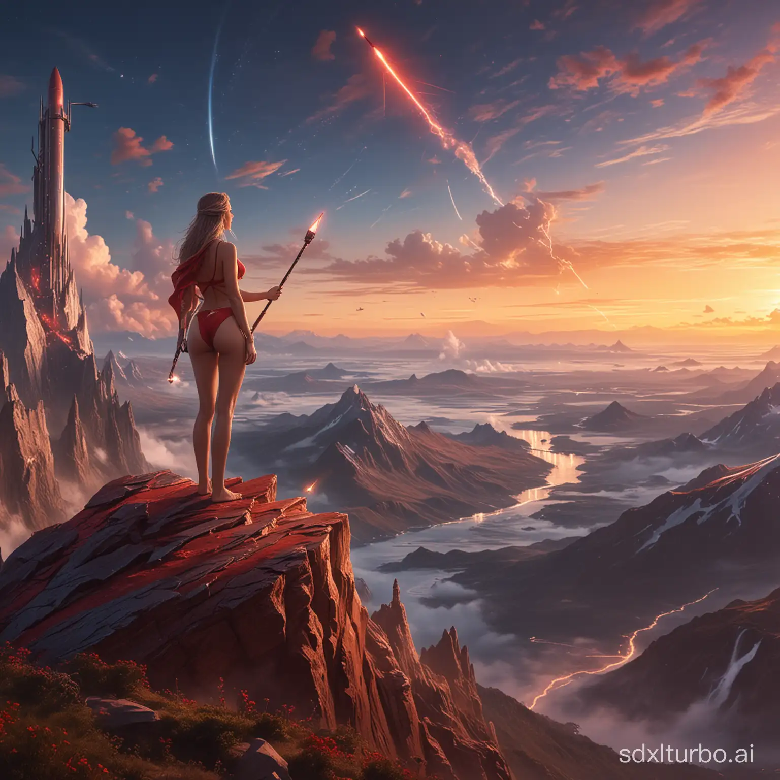 Awesome artwork of a wizard on the top of a mountain, she's creating SpaceX spaceship with magic, magic text, at dawn, sunrise, 18 years old lady standing middle, 36F, red bikini, facing toward.