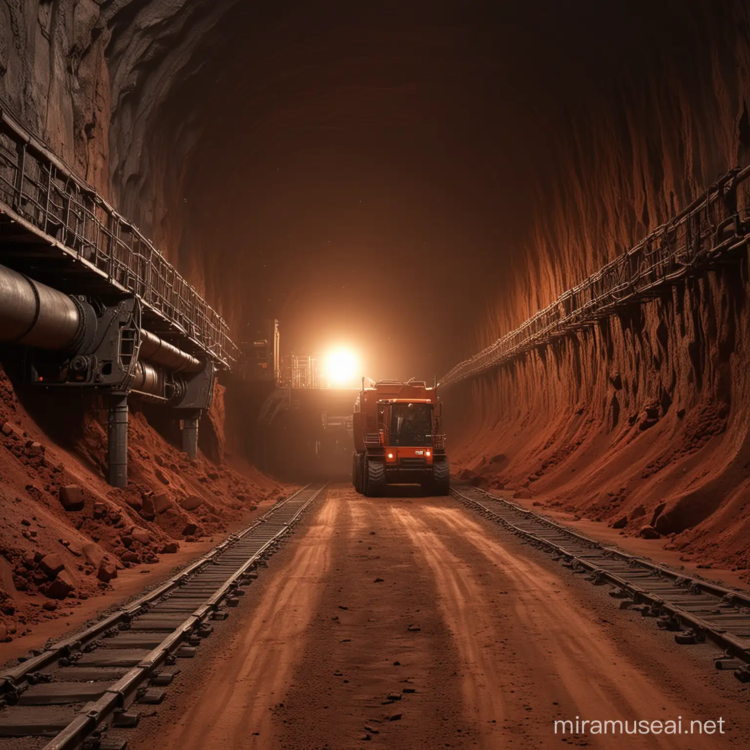 prompt: create an enormous and dark tunnel being created by a huge mining drill tunnel-making vehicle, as it bores the tunnel the red Mards dirt is pushed out the back on conveyor belts to vehicles, faint lights from the mining drill illuminate the tight environment. Ultra-realistic fantasy scene

