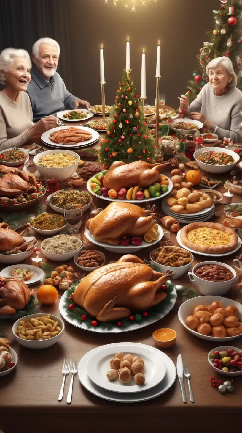 christmas table full of food and relatives made as photo, photorealistisch, hyperrealistisch