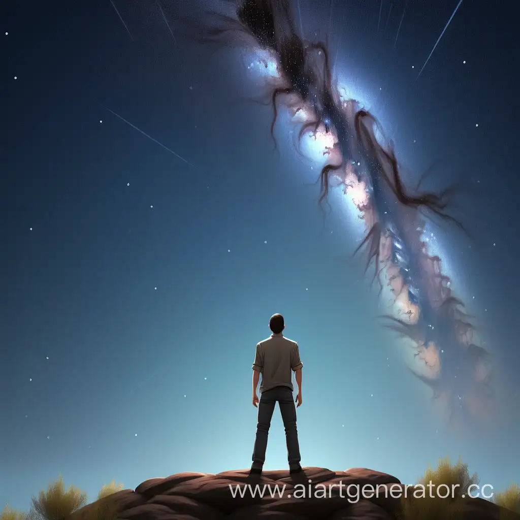 Мужчина стоит в полный рост под звездным небом смотрит вверх
